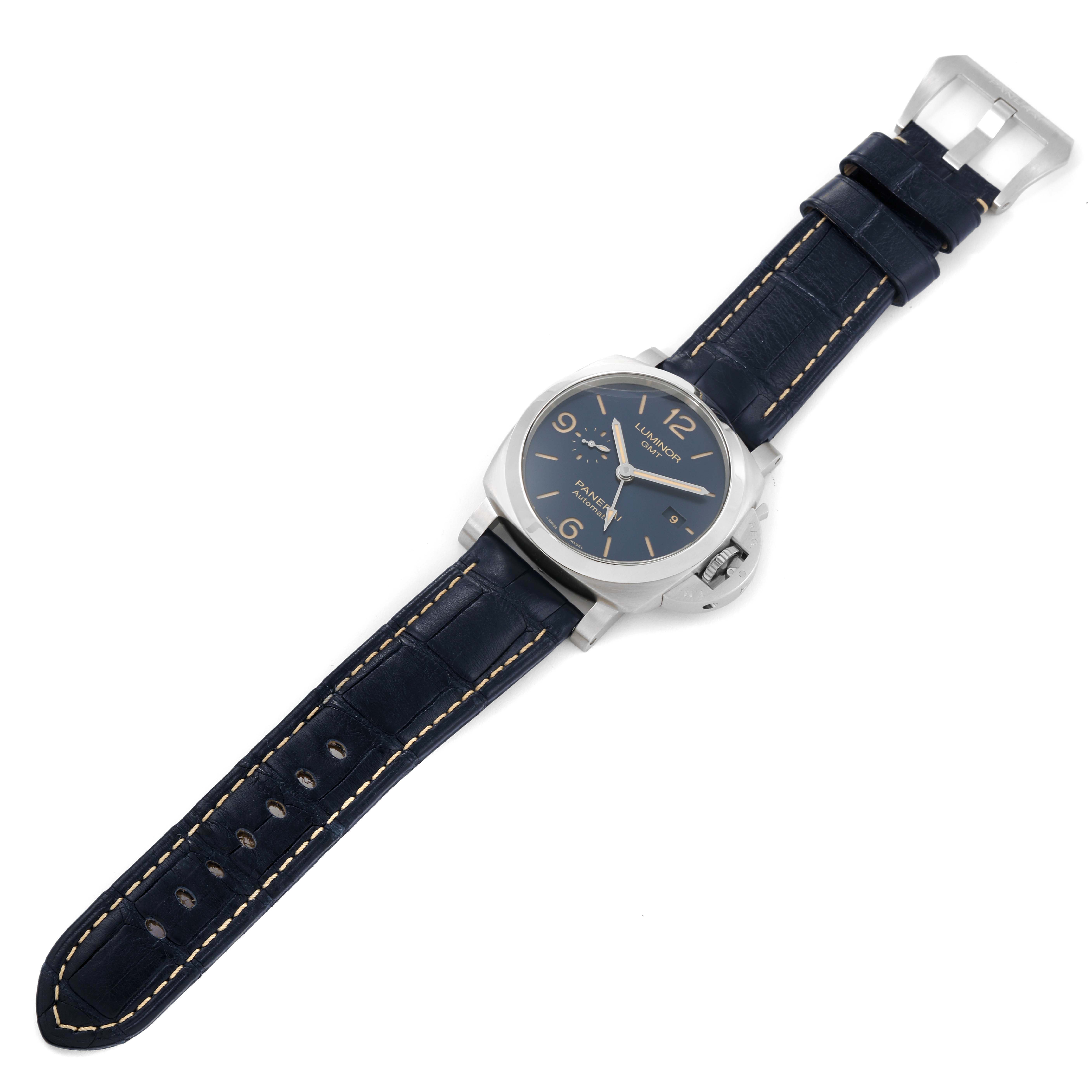 The Panerai Luminor PAM01033 Men's Stainless Steel Blue Dial PAM01033 Men's Stainless Steel Blue Dial watch is shown at a slight angle, displaying its dial, case, buckle, and leather strap.