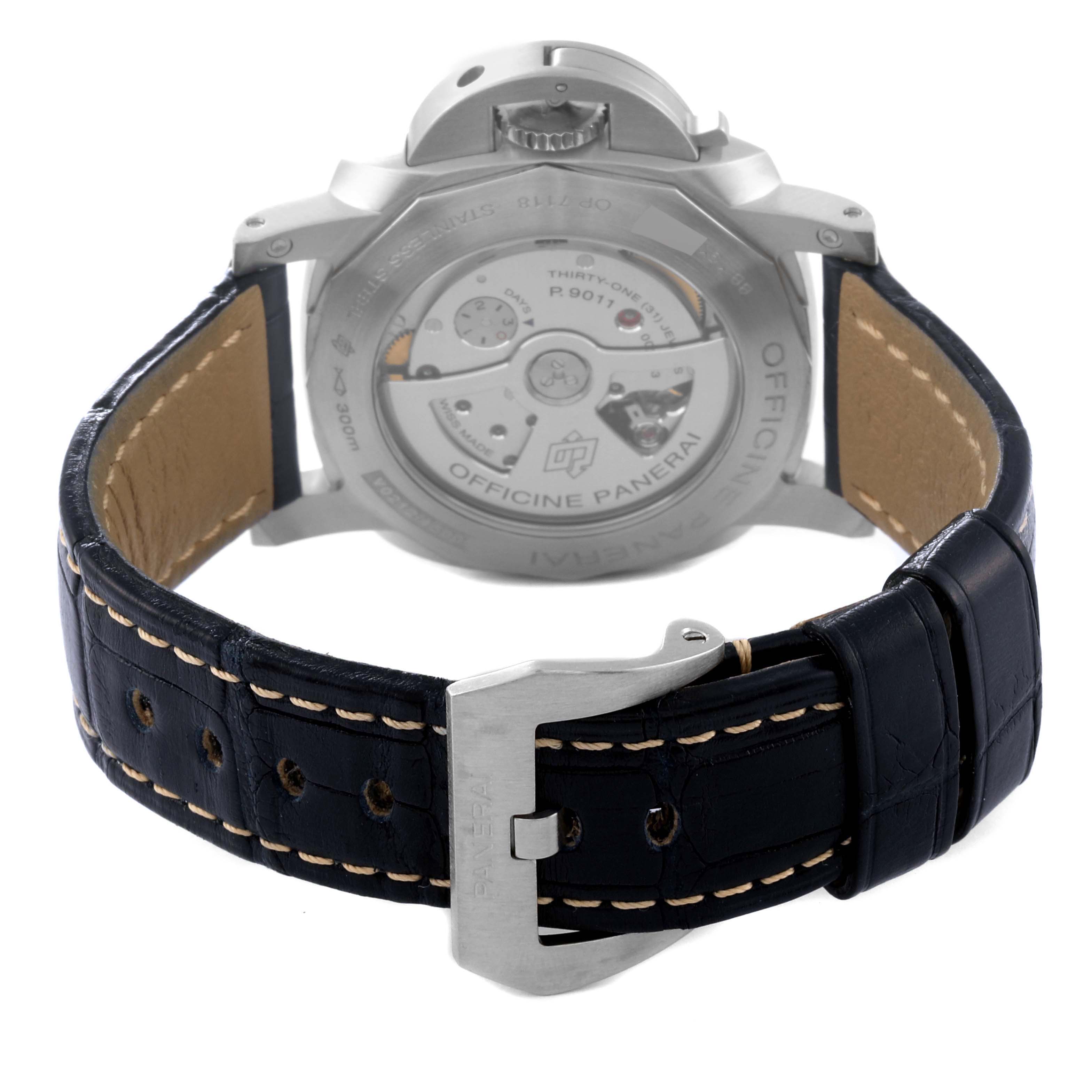 The image shows the back view of a Panerai Luminor PAM01033 Men's Stainless Steel Blue Dial PAM01033 Men's Stainless Steel Blue Dial watch, highlighting the case back and leather strap with buckle.