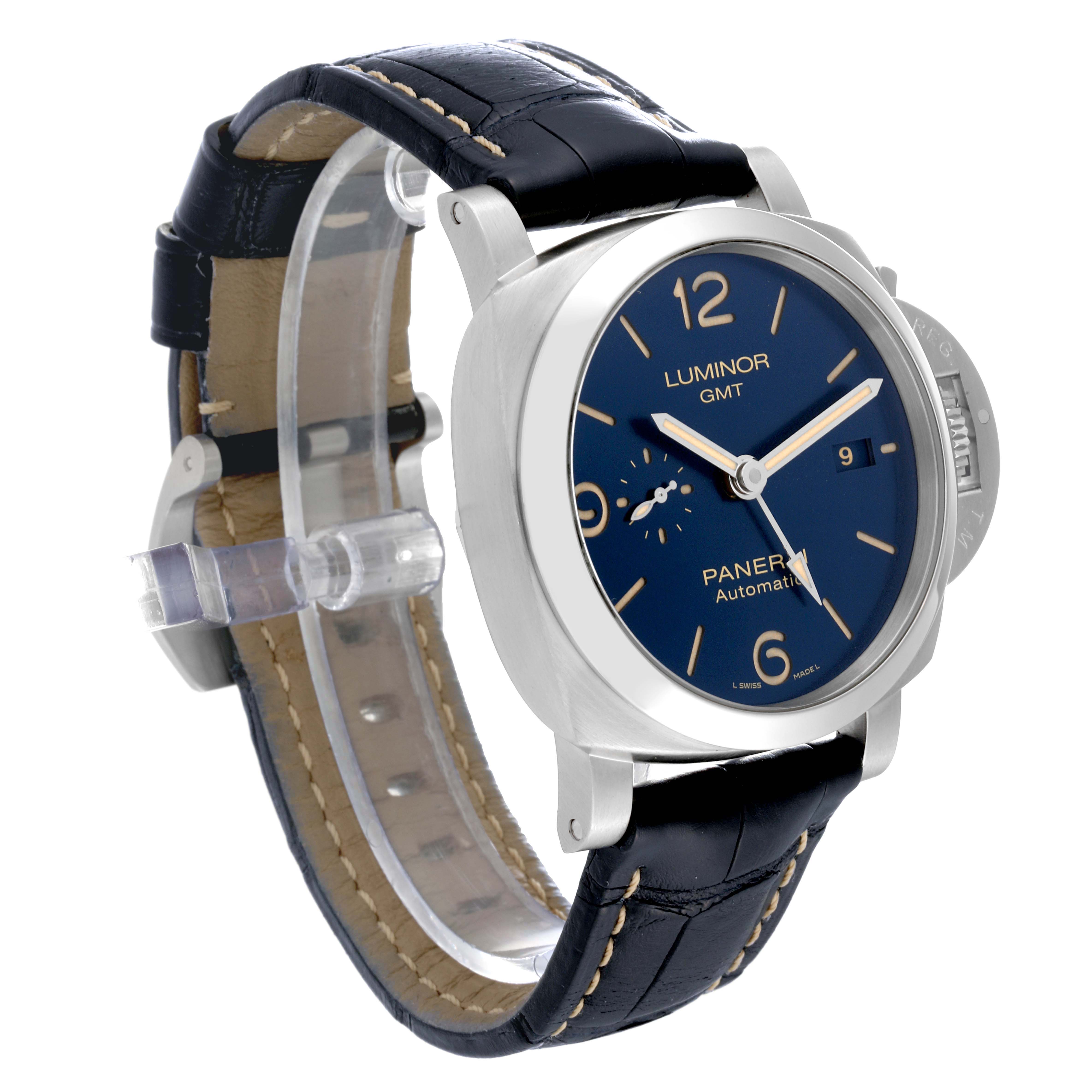 The image shows a Panerai Luminor PAM01033 Men's Stainless Steel Blue Dial PAM01033 Men's Stainless Steel Blue Dial GMT watch at a three-quarter angle, highlighting its blue dial, stainless steel case, and leather strap.