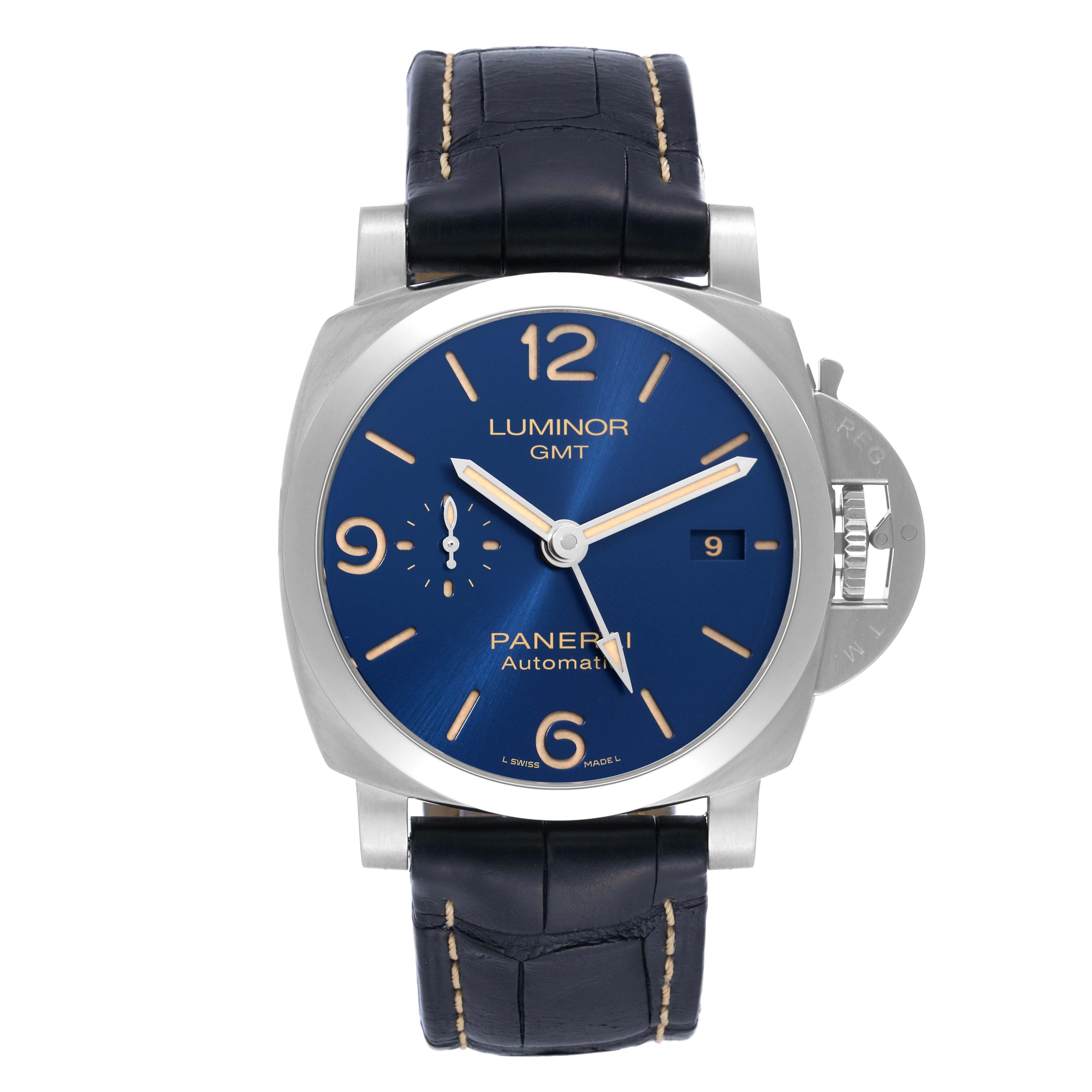 This image shows a front view of the Panerai Luminor PAM01033 Men's Stainless Steel Blue Dial PAM01033 Men's Stainless Steel Blue Dial GMT watch with a blue dial and black leather strap.