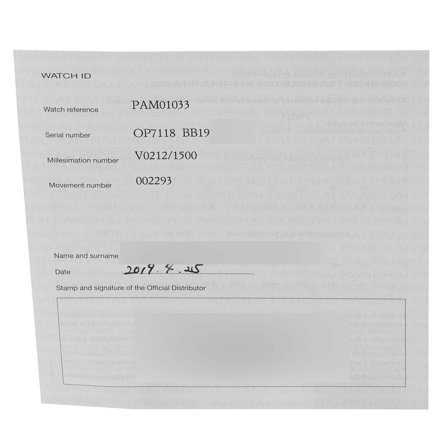 This image shows a warranty card for a Panerai Luminor PAM01033 Men's Stainless Steel Blue Dial PAM01033 Men's Stainless Steel Blue Dial model PAM01033 watch, including reference, serial, millesimation, and movement numbers.