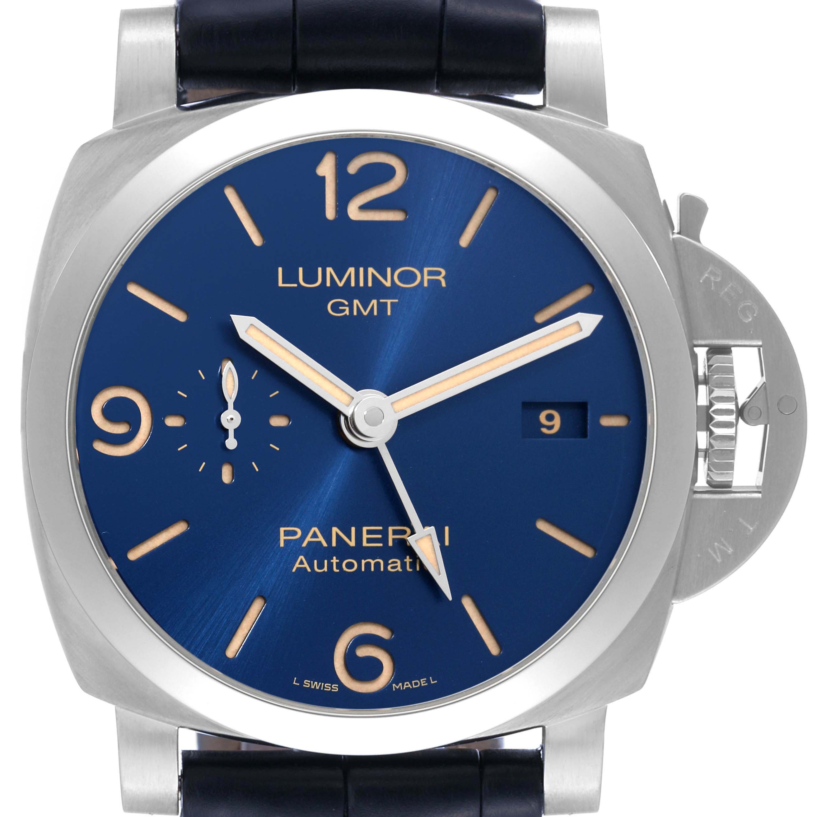 This image shows a front view of the Panerai Luminor PAM01033 Men's Stainless Steel Blue Dial PAM01033 Men's Stainless Steel Blue Dial GMT watch, displaying the dial, hands, date window, and crown guard.
