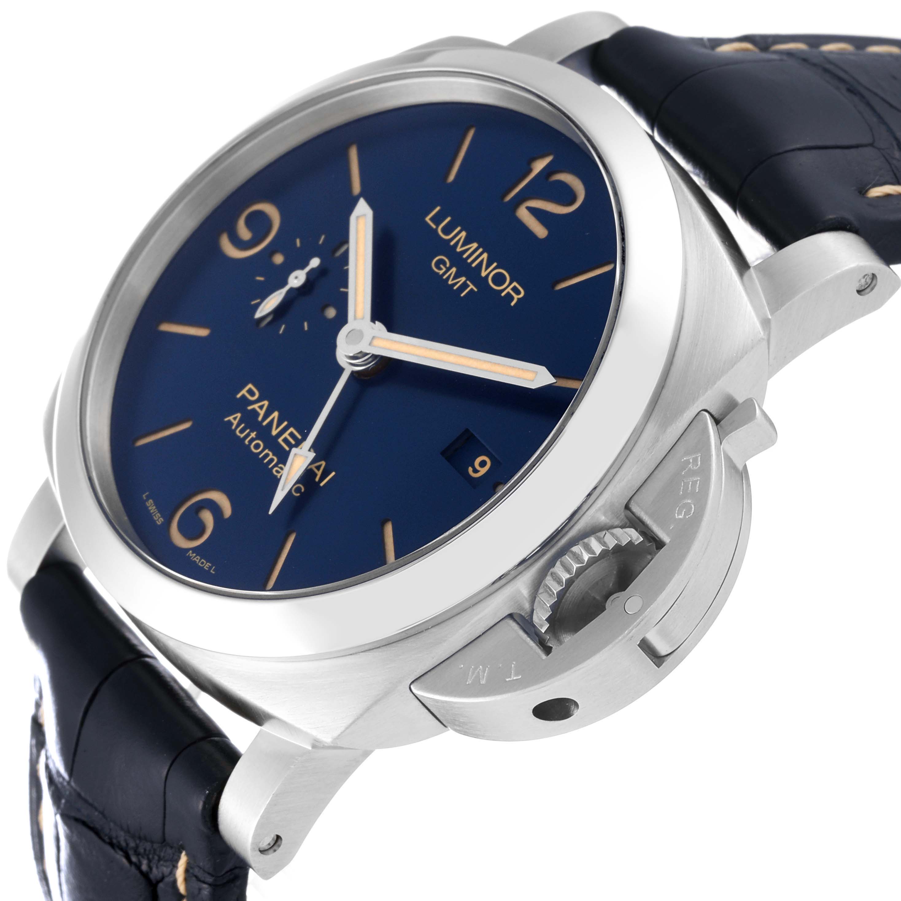 This image displays a Luminor model by Panerai at a three-quarter angle, highlighting the face, crown guard, and leather strap.
