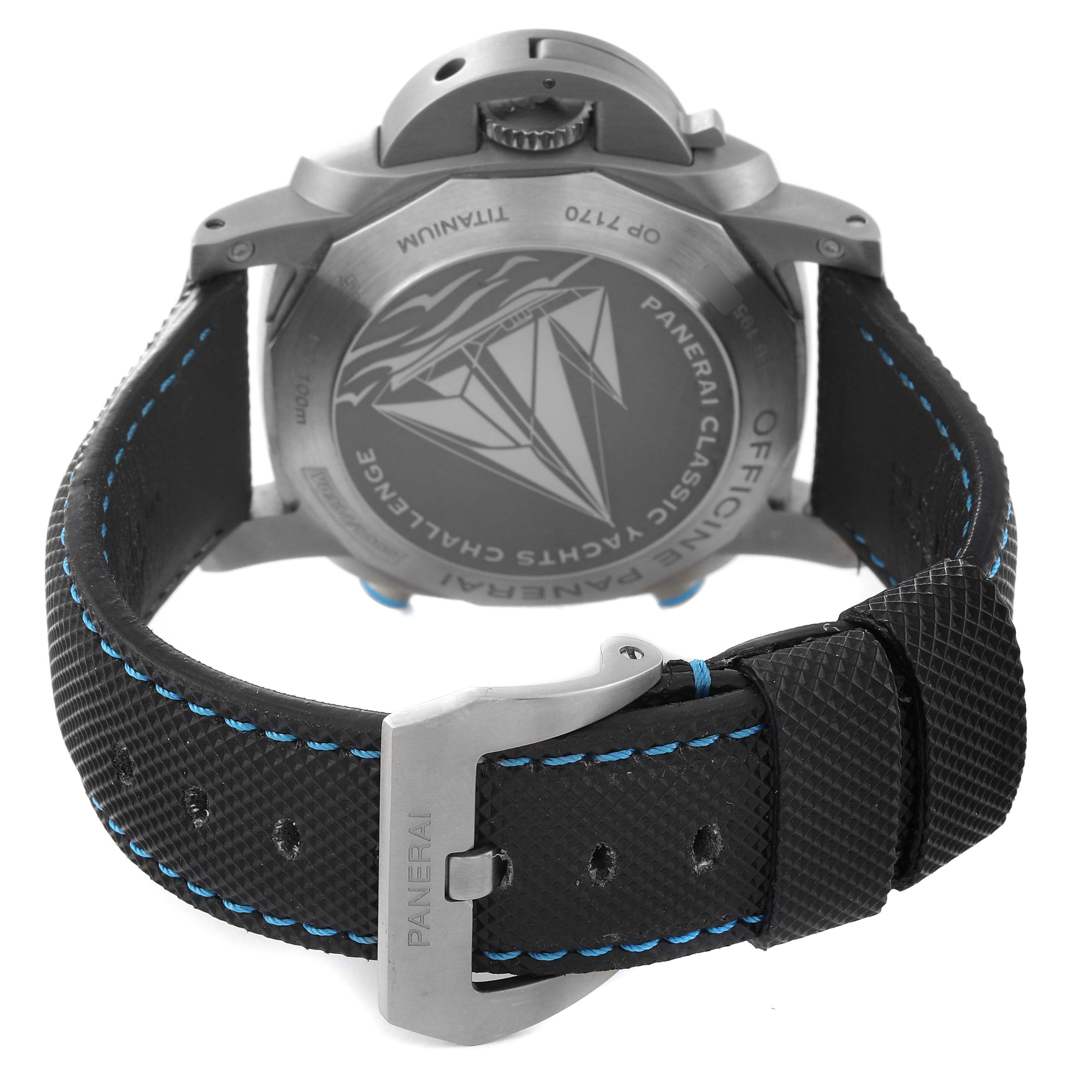 The image shows the back case and strap of the Panerai Luminor PAM00764 Men's Stainless Steel Black Dial PAM00764 Men's Stainless Steel Black Dial watch, highlighting the titanium case back and the black strap with blue stitching.