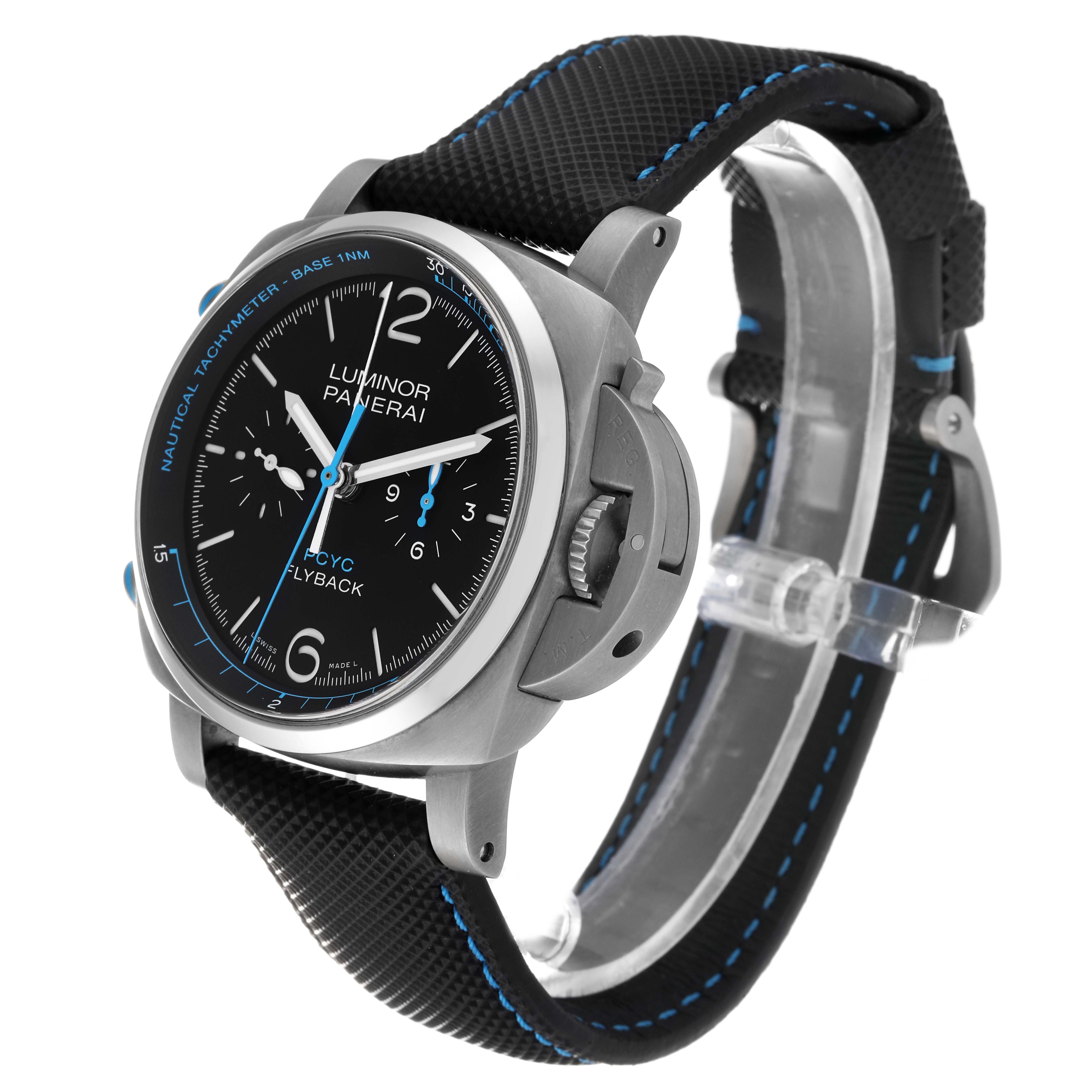 This image shows a side view of a Panerai Luminor PAM00764 Men's Stainless Steel Black Dial PAM00764 Men's Stainless Steel Black Dial watch, highlighting the dial, crown, and strap with blue stitching.