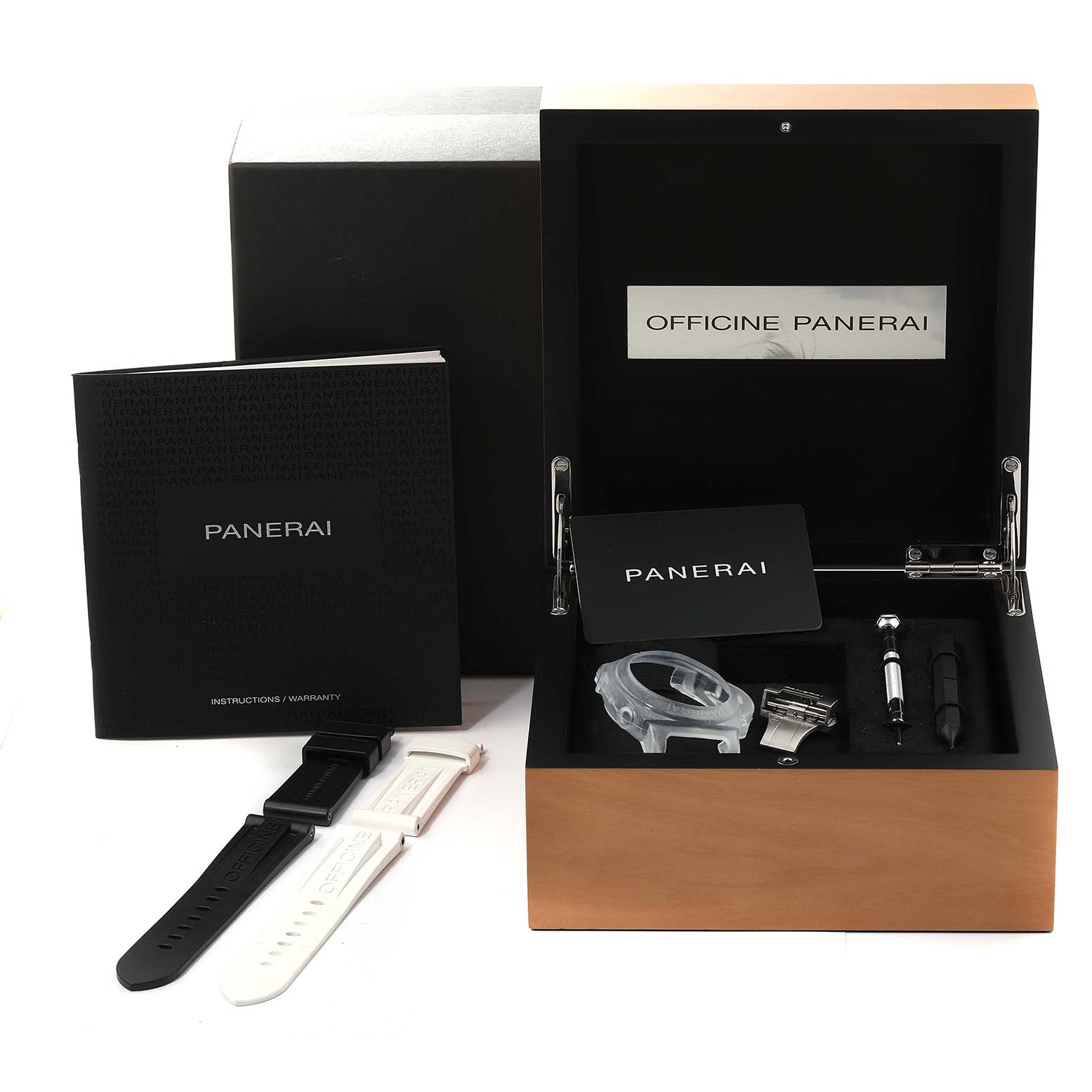 This image shows the accessories and packaging of a Panerai Luminor PAM00764 Men's Stainless Steel Black Dial PAM00764 Men's Stainless Steel Black Dial watch, including straps, tools, and manuals.