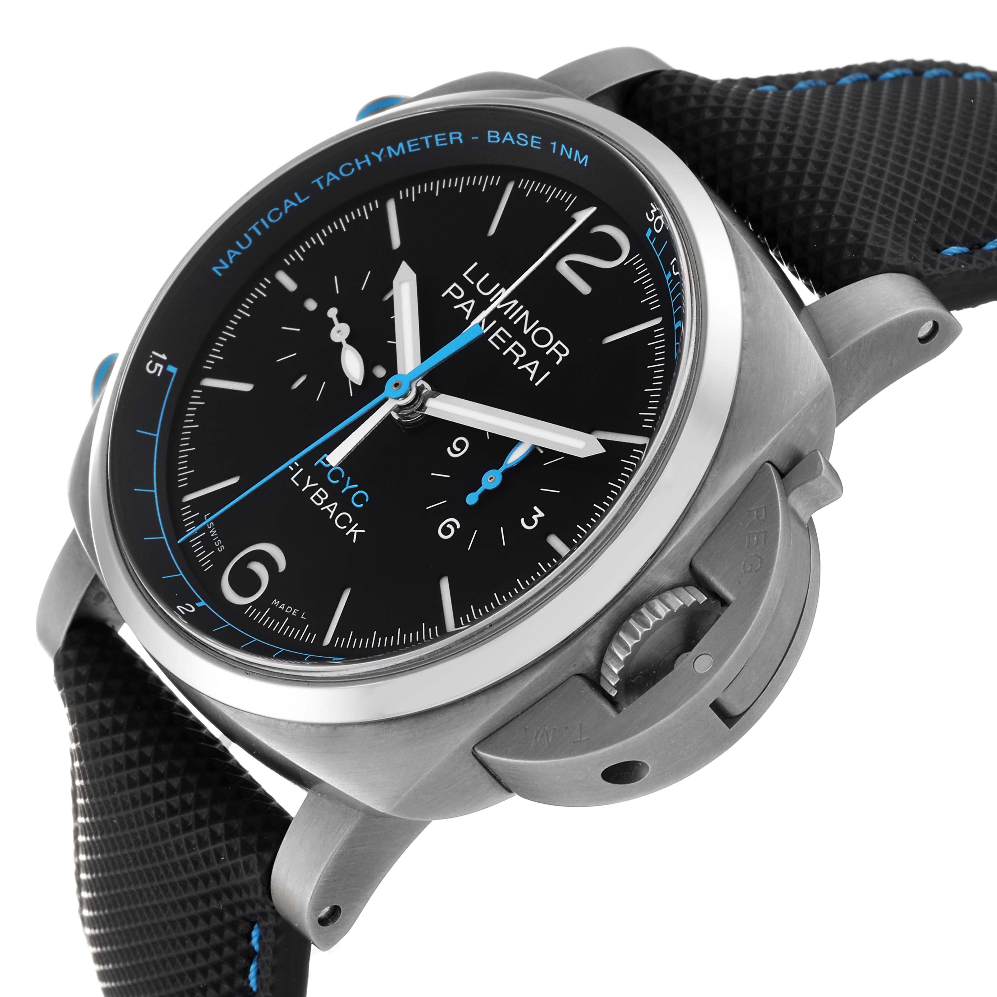 The image shows a Luminor Panerai watch at a three-quarter angle, highlighting its dial, case, crown guard, and strap.