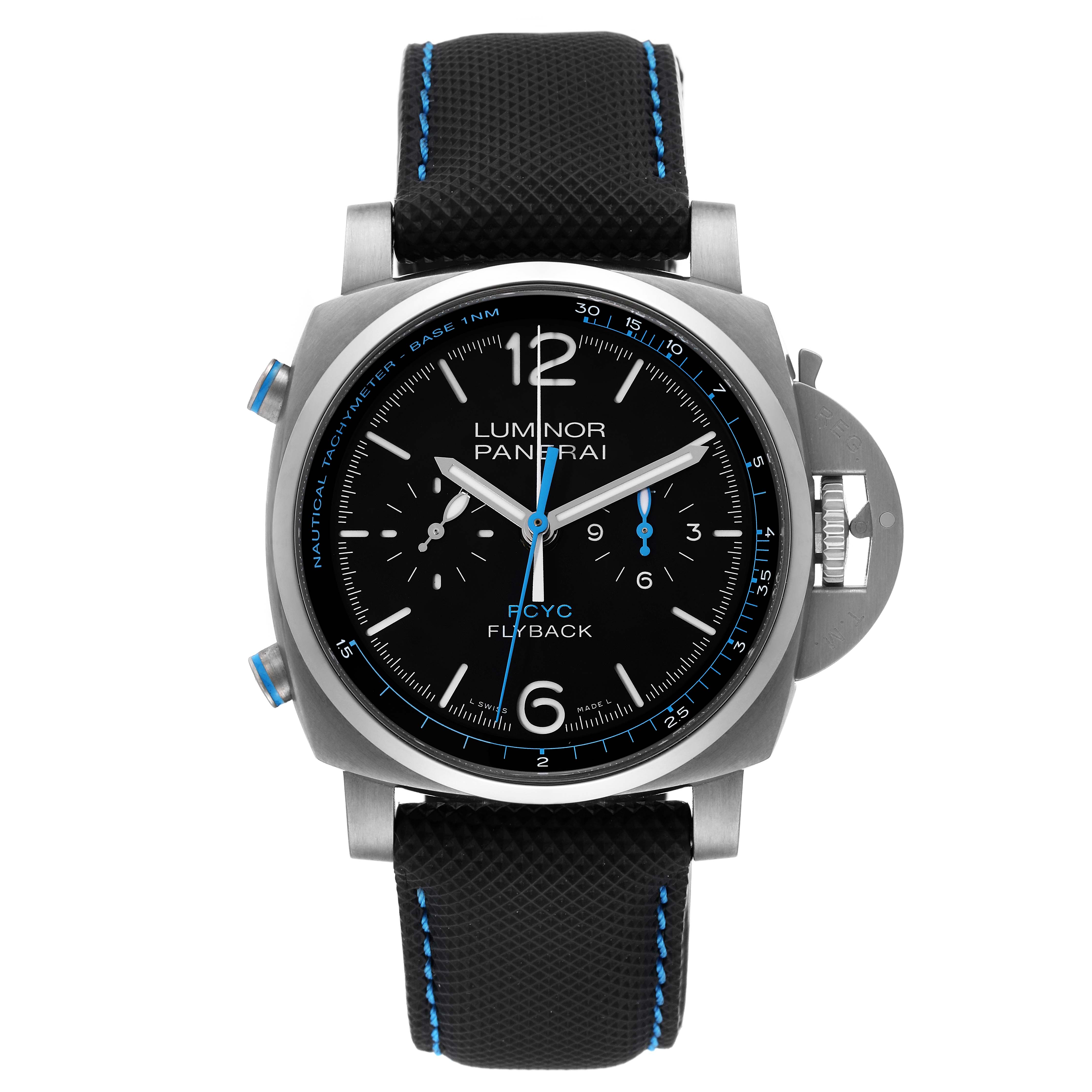 This image shows the front view of a Panerai Luminor PAM00764 Men's Stainless Steel Black Dial PAM00764 Men's Stainless Steel Black Dial watch, highlighting its black dial, chronograph subdials, and black strap with blue stitching.