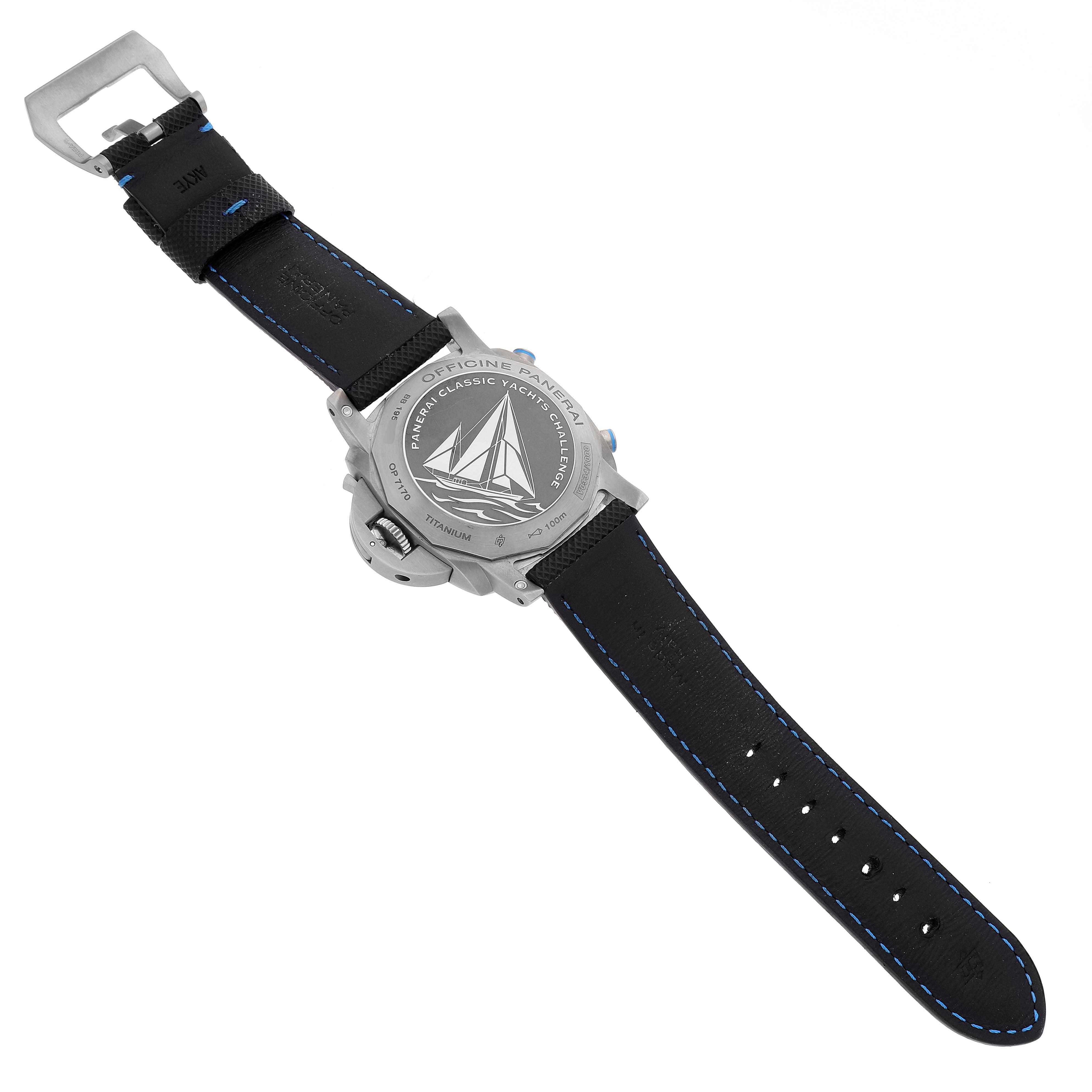 The image shows the back case and leather strap of a Panerai Luminor PAM00764 Men's Stainless Steel Black Dial PAM00764 Men's Stainless Steel Black Dial watch.