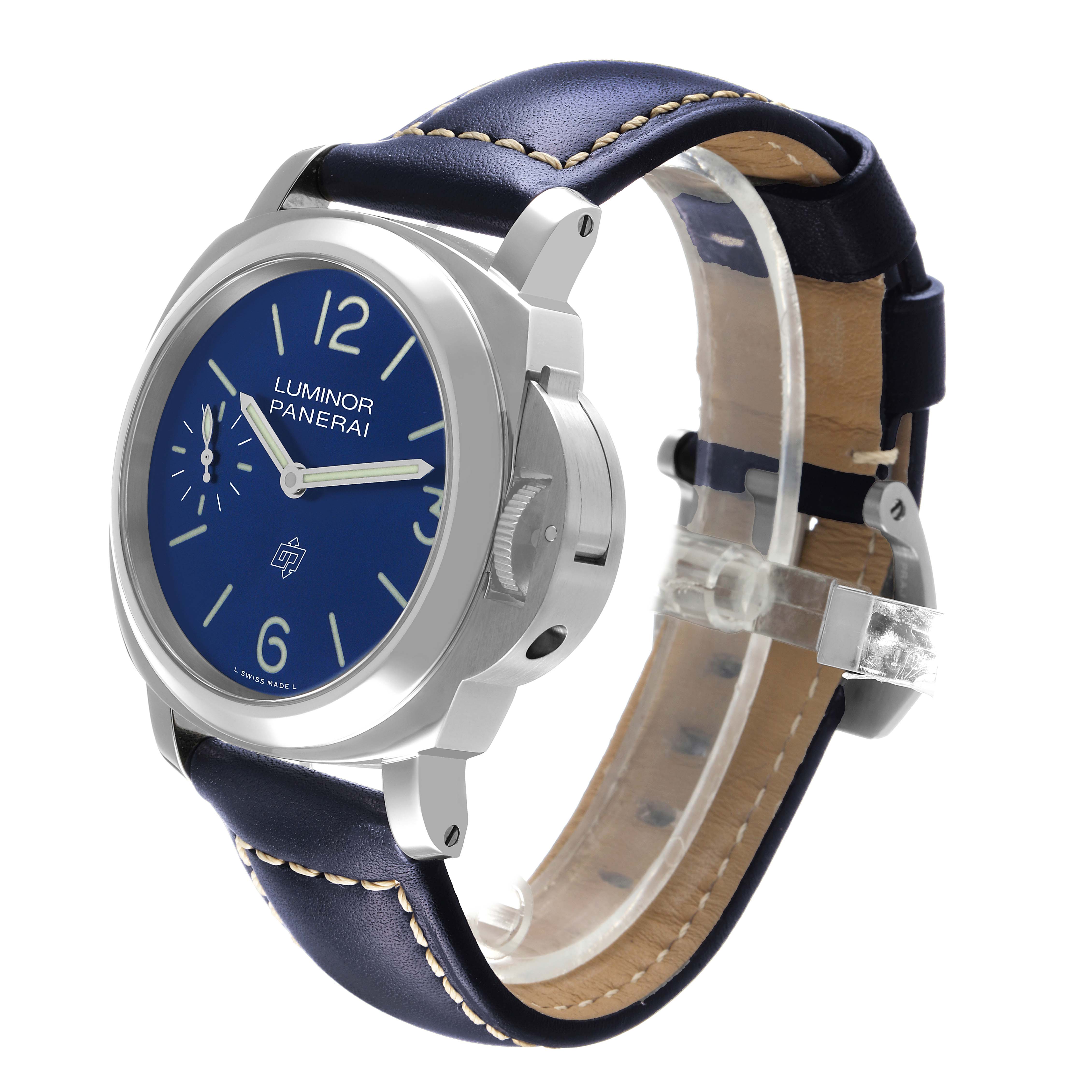 The Panerai Luminor PAM01085 Men's Stainless Steel Blue Dial watch is shown at a three-quarter angle, highlighting the face, casing, and leather strap.
