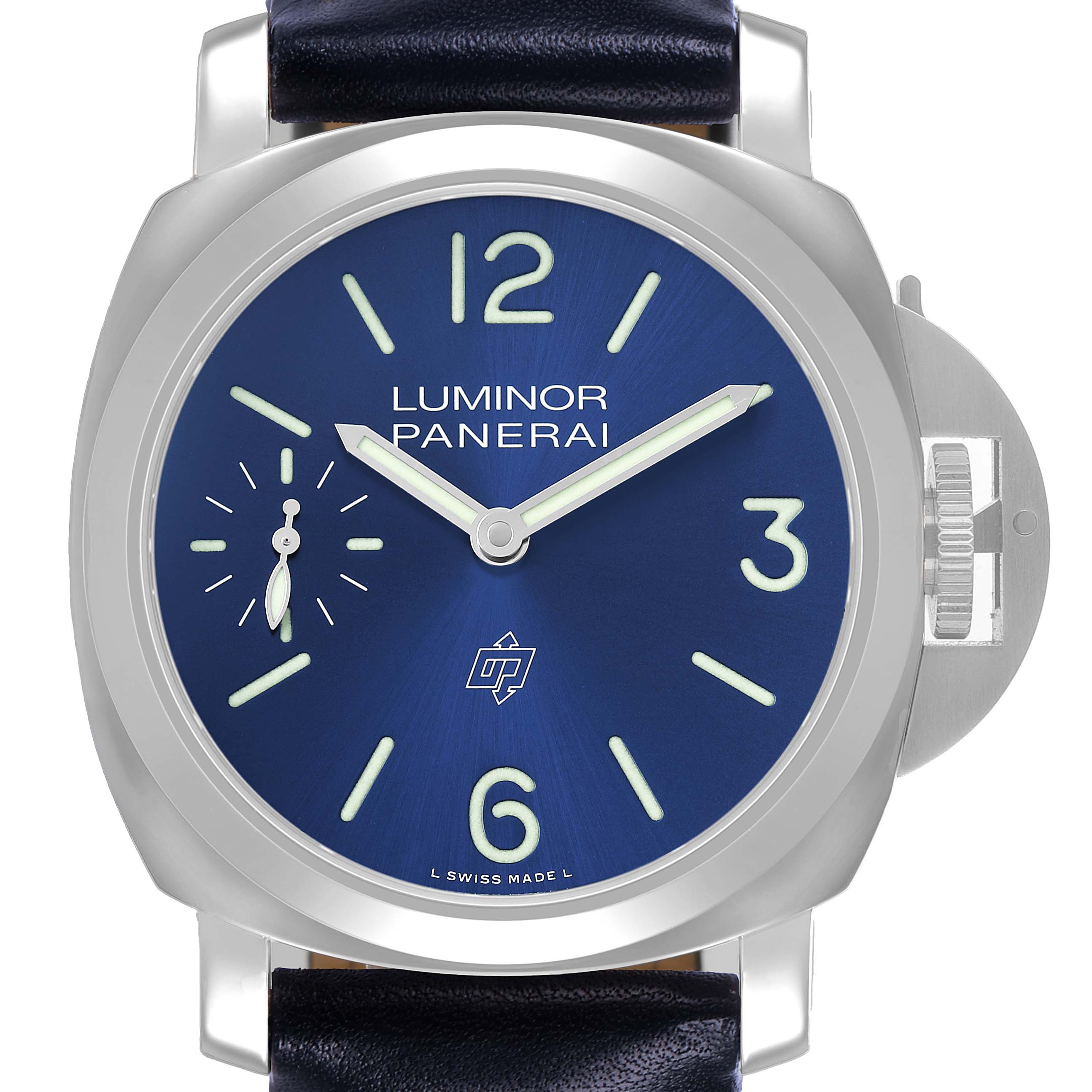 The Panerai Luminor PAM01085 Men's Stainless Steel Blue Dial watch is shown from a front angle, highlighting the face, numerals, and strap attachment.