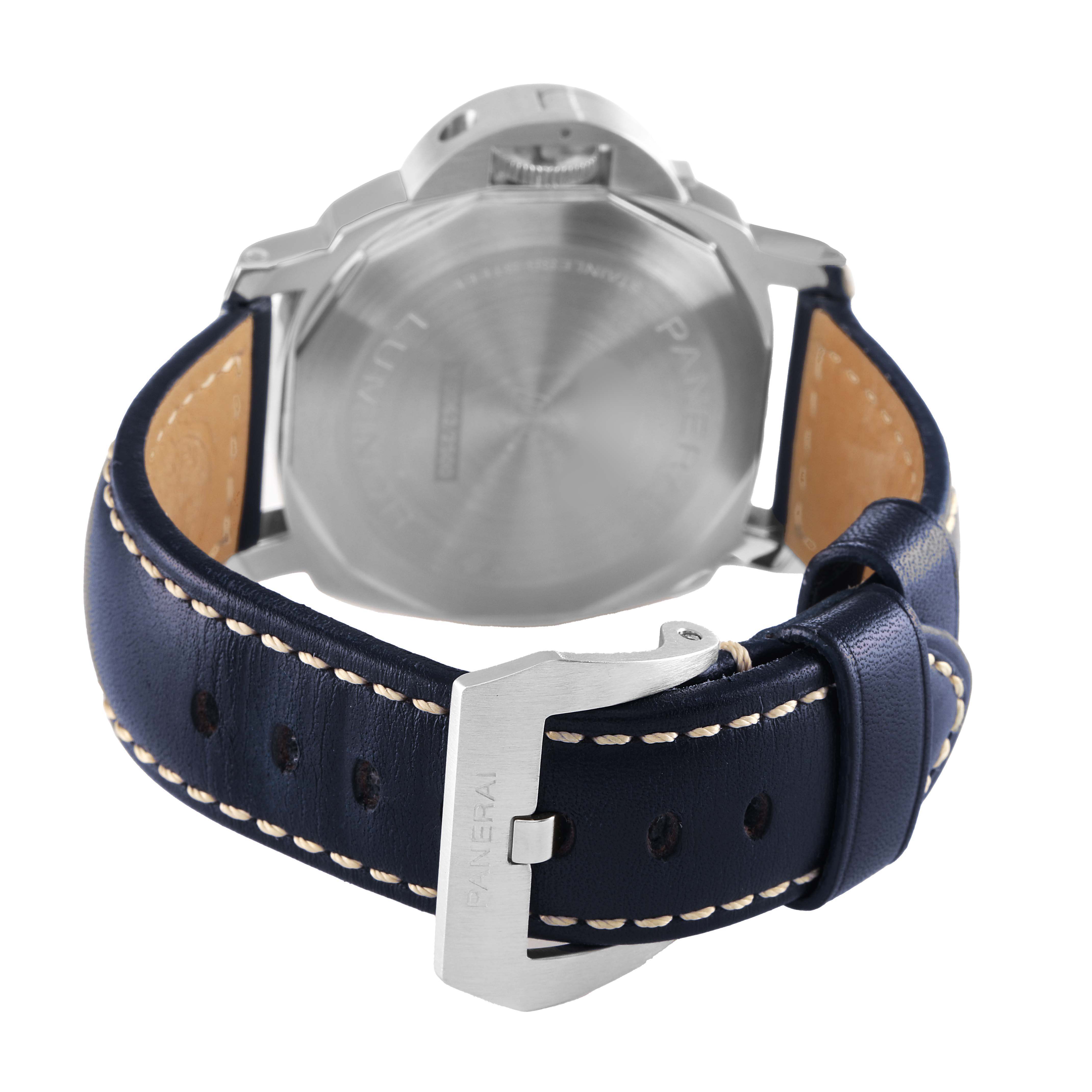The image shows the back view of a Panerai Luminor PAM01085 Men's Stainless Steel Blue Dial watch, featuring a stainless steel case and a blue leather strap with a buckle.