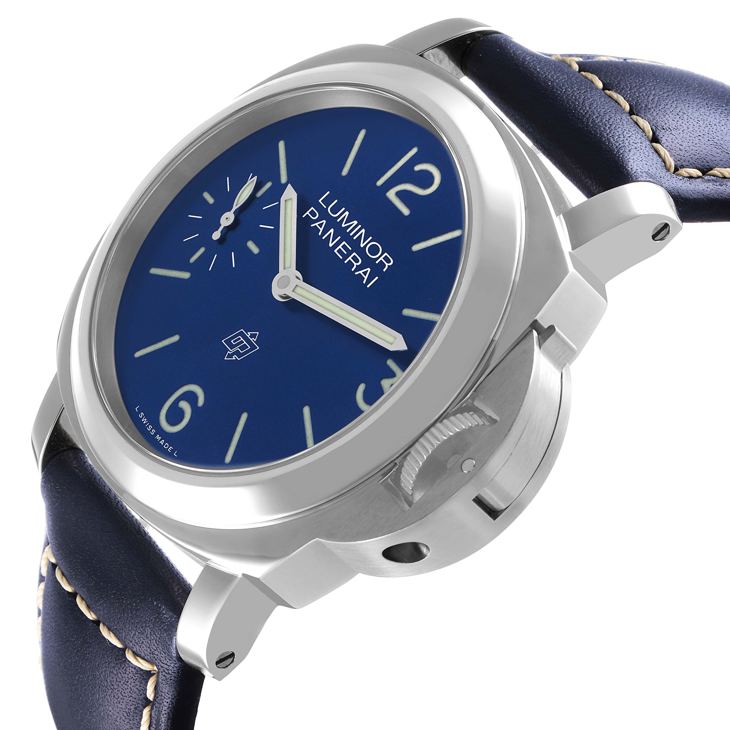 The Panerai Luminor PAM01085 Men's Stainless Steel Blue Dial watch is shown at a side angle, featuring its blue dial, crown guard, and a blue leather strap.