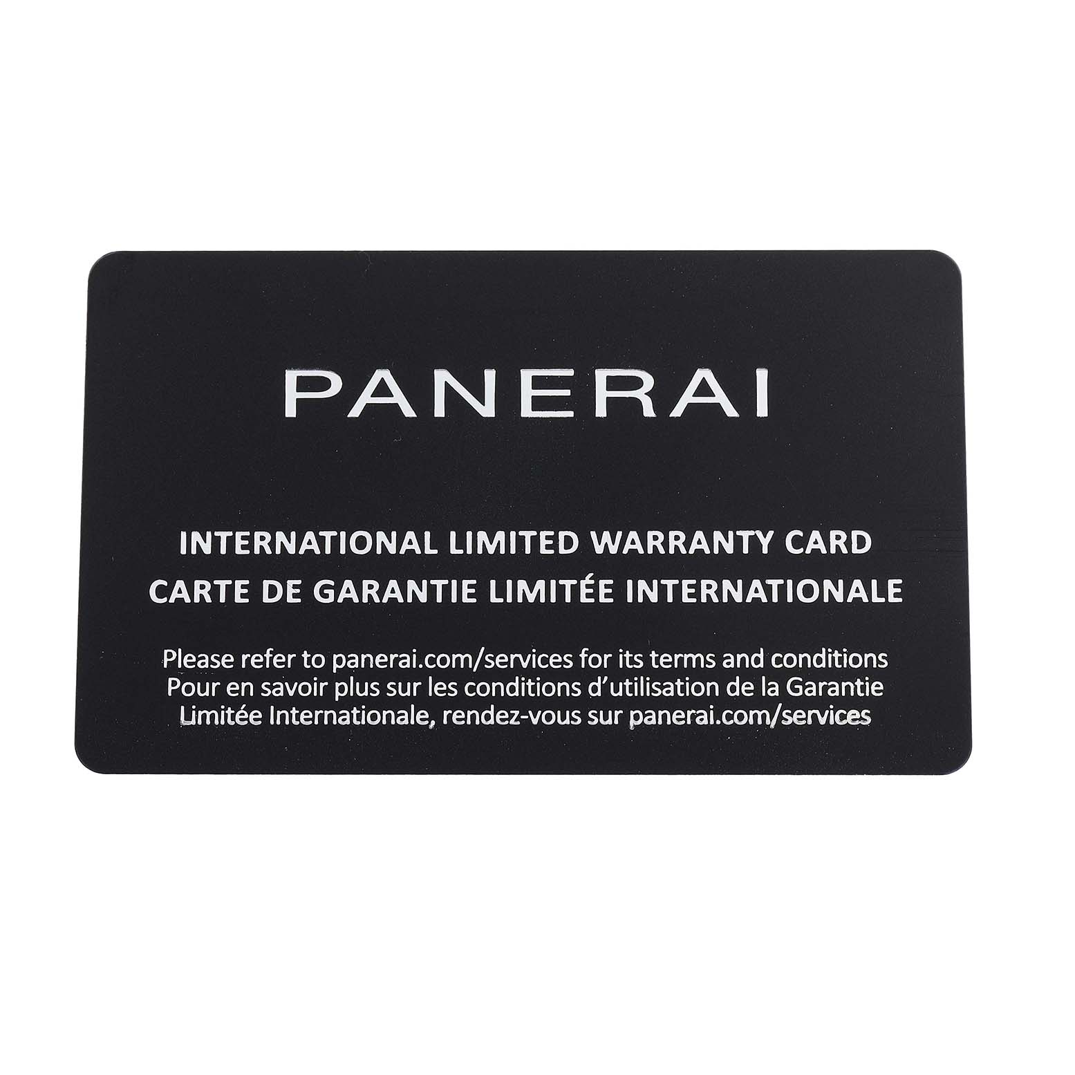 The image shows an international limited warranty card for a Panerai Luminor PAM01085 Men's Stainless Steel Blue Dial watch from a top-down angle.