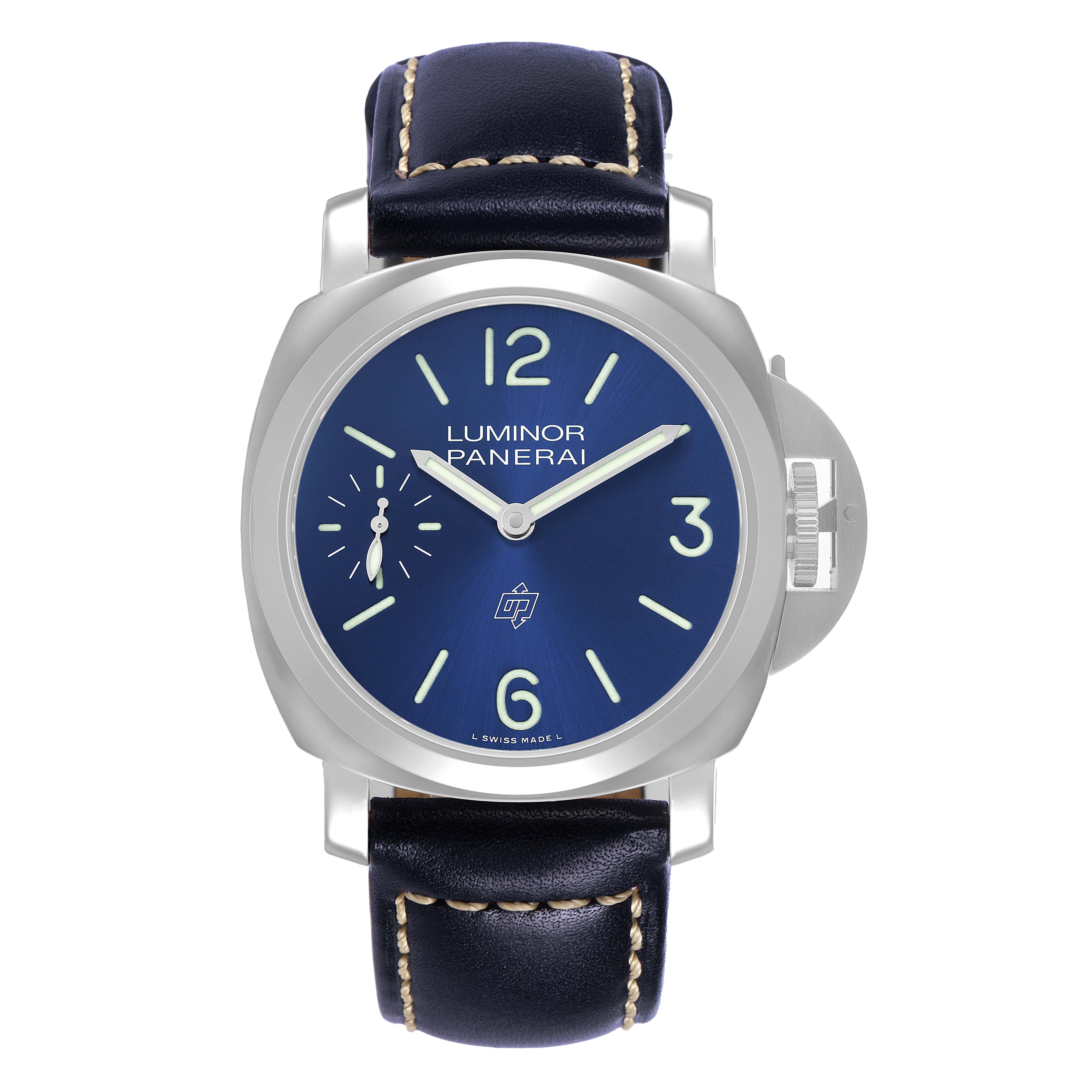 The Panerai Luminor PAM01085 Men's Stainless Steel Blue Dial watch is shown from a top view, highlighting the face, case, and leather strap.