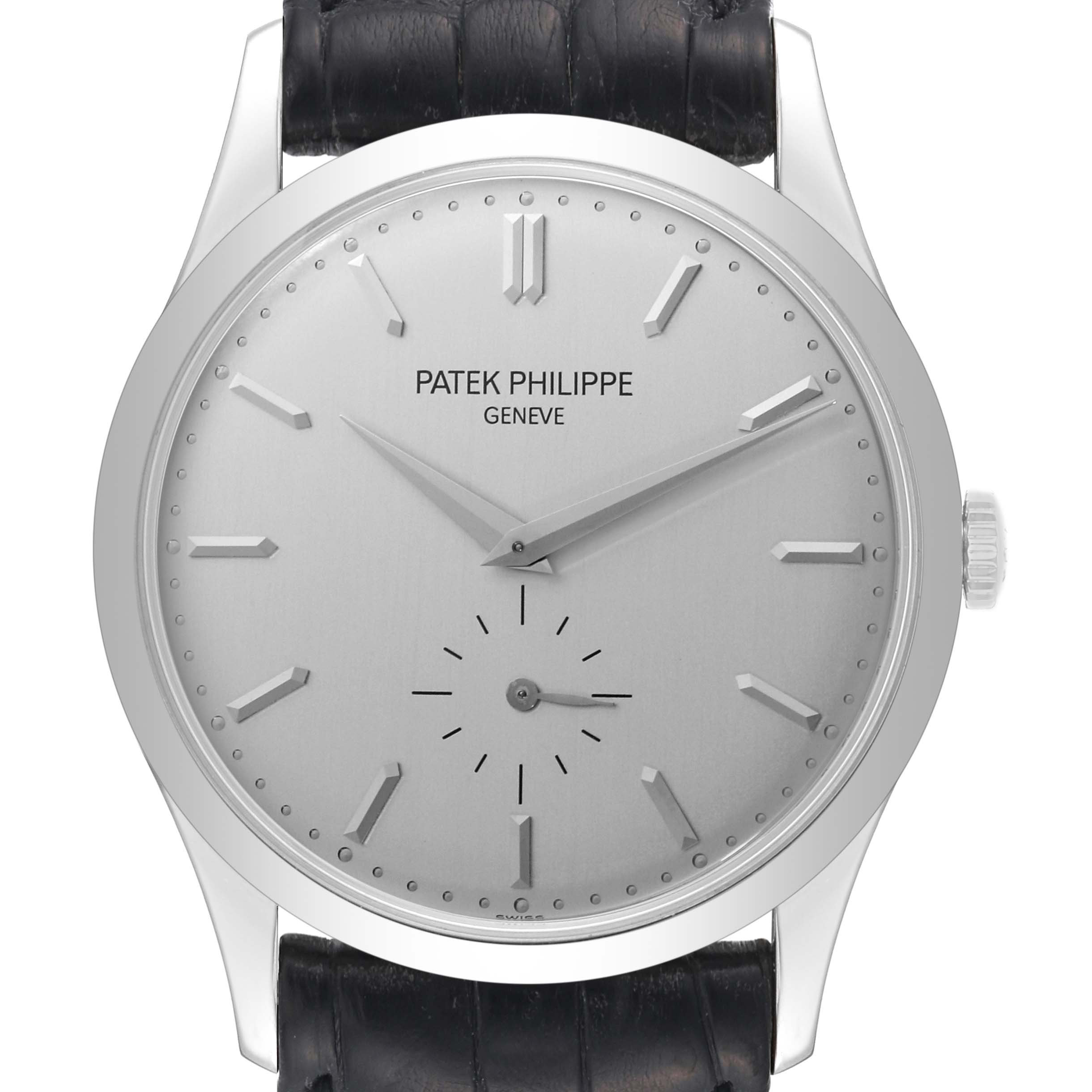 This image shows a front view of a Patek Philippe Calatrava 5196G Men
s White Gold Silver Dial 5196G Men
s White Gold Silver Dial watch with a silver dial and black leather strap.
