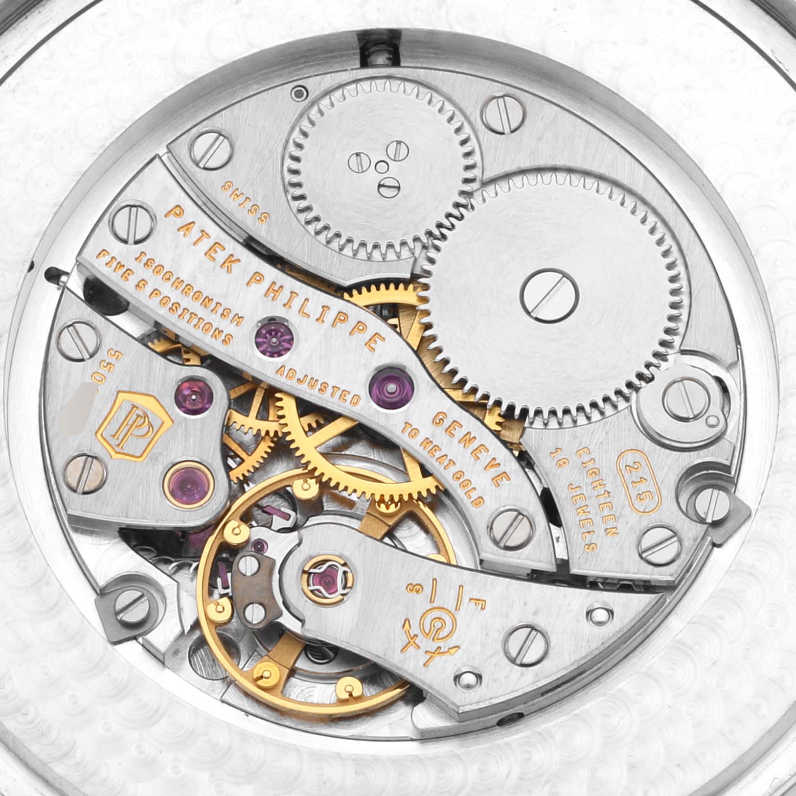 This image shows a close-up view of the movement mechanism inside the Calatrava watch by Patek Philippe.