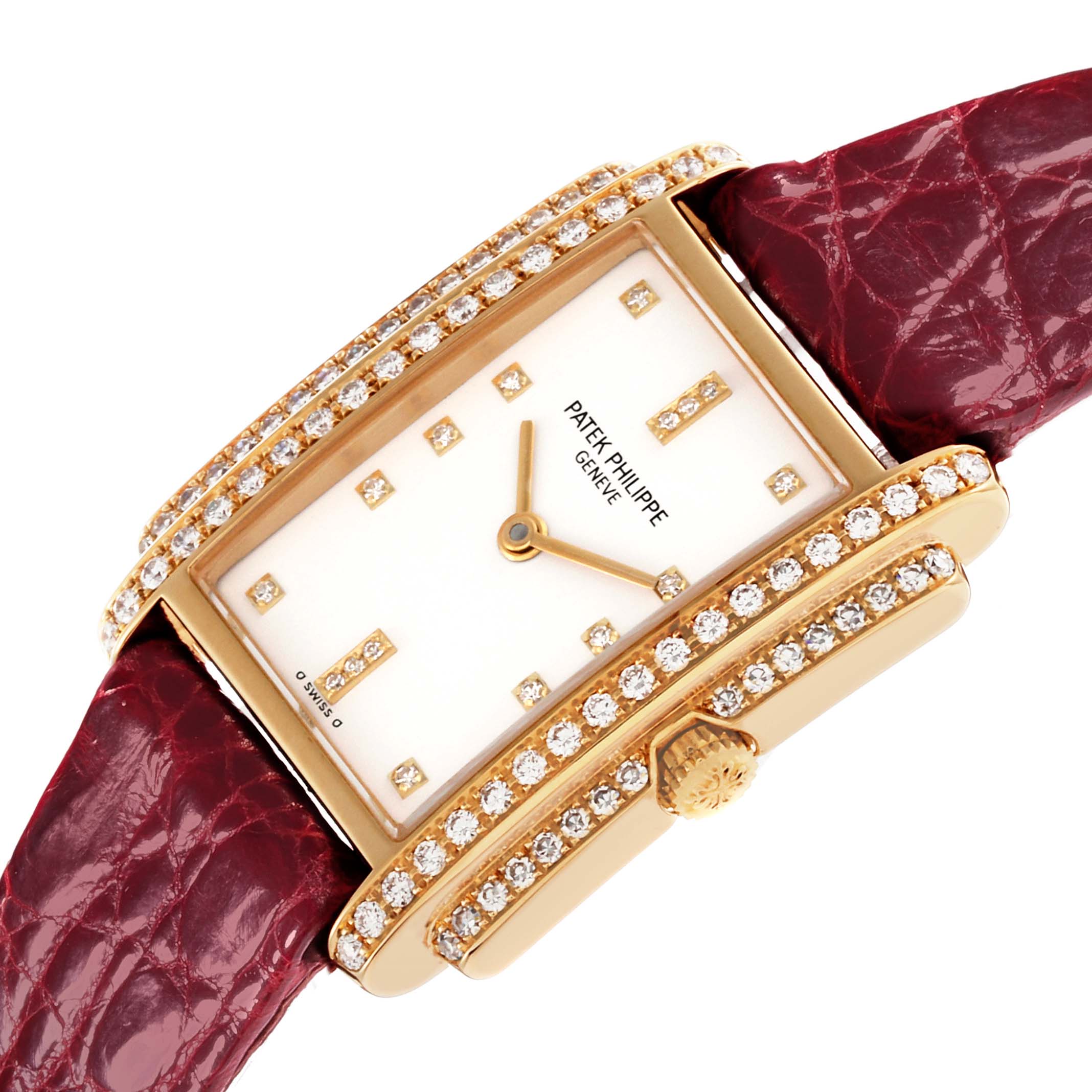 The Patek Philippe Gondolo 4825/101J Women's Yellow Gold White Dial 4825/101J Women's Yellow Gold White Dial watch is shown at an angled close-up, highlighting the diamond-studded case and textured strap.