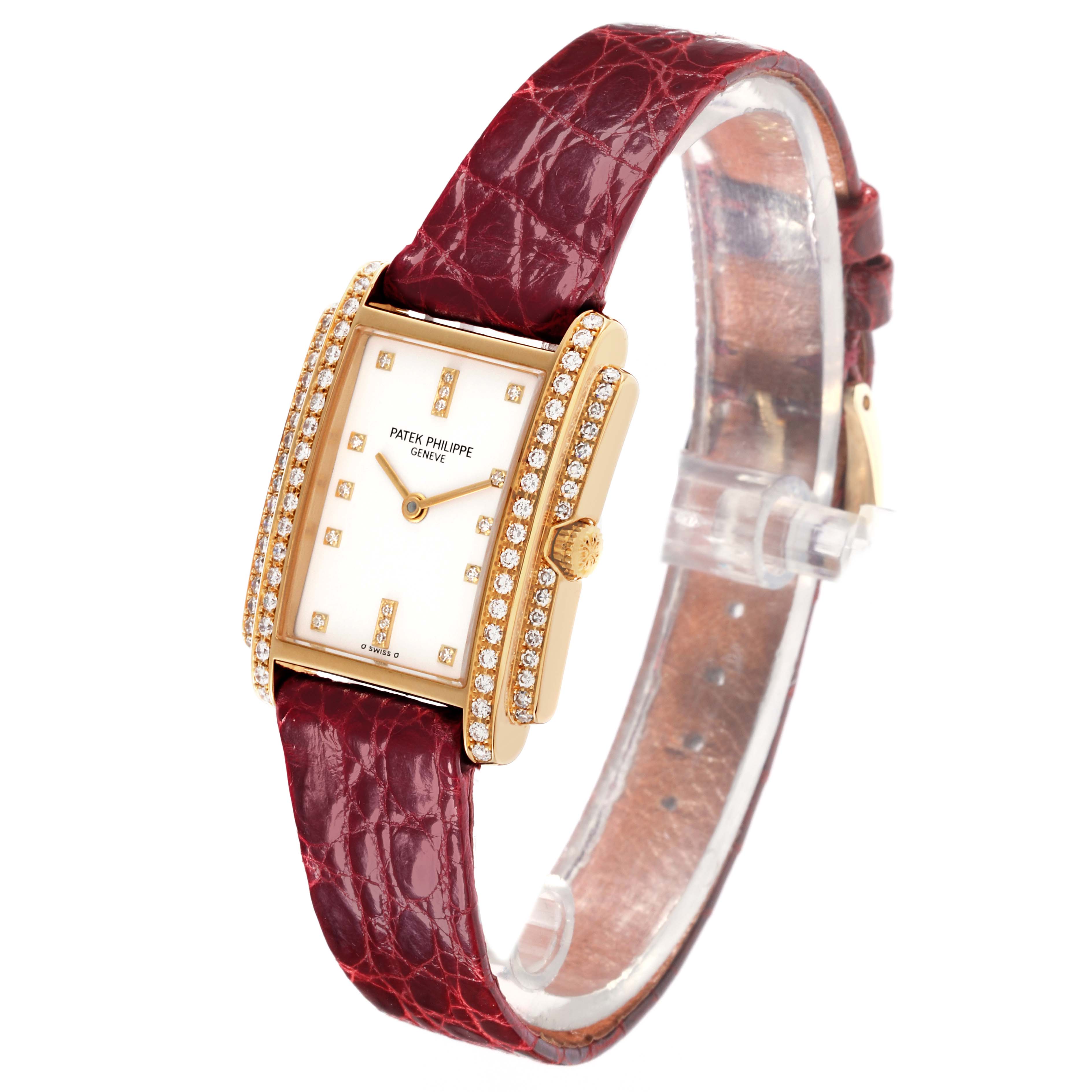 The Patek Philippe Gondolo 4825/101J Women's Yellow Gold White Dial 4825/101J Women's Yellow Gold White Dial watch is shown at a three-quarter angle, highlighting the case, dial, strap, and diamond embellishments.