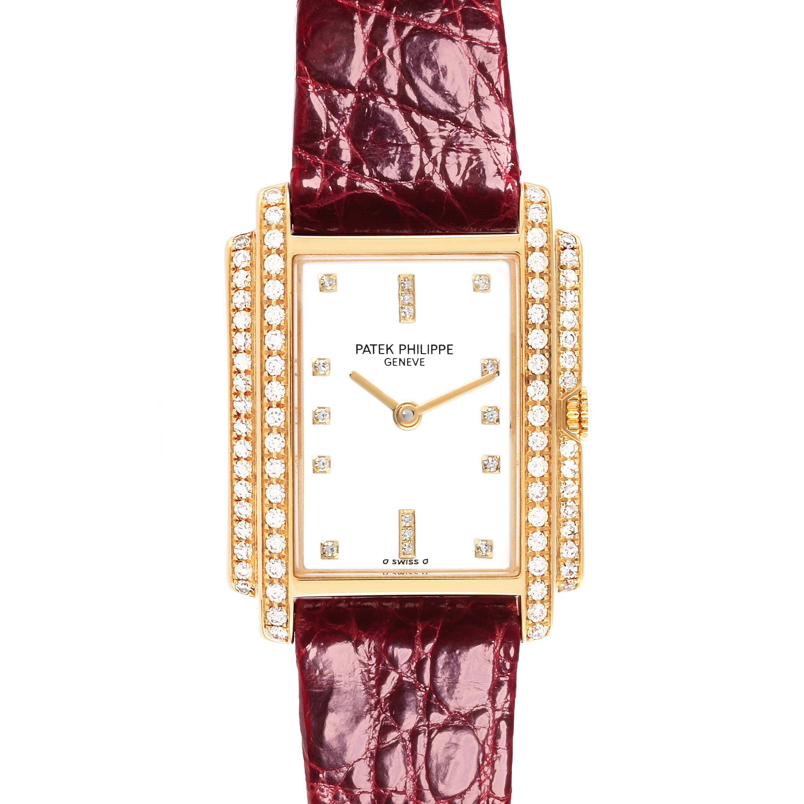 The Patek Philippe Gondolo 4825/101J Women's Yellow Gold White Dial 4825/101J Women's Yellow Gold White Dial watch is shown from a front angle, highlighting its diamond-studded case and burgundy strap.
