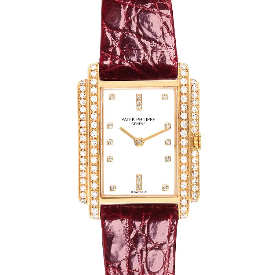 The Patek Philippe Gondolo watch is shown from a front angle, highlighting its diamond-studded case and burgundy strap.