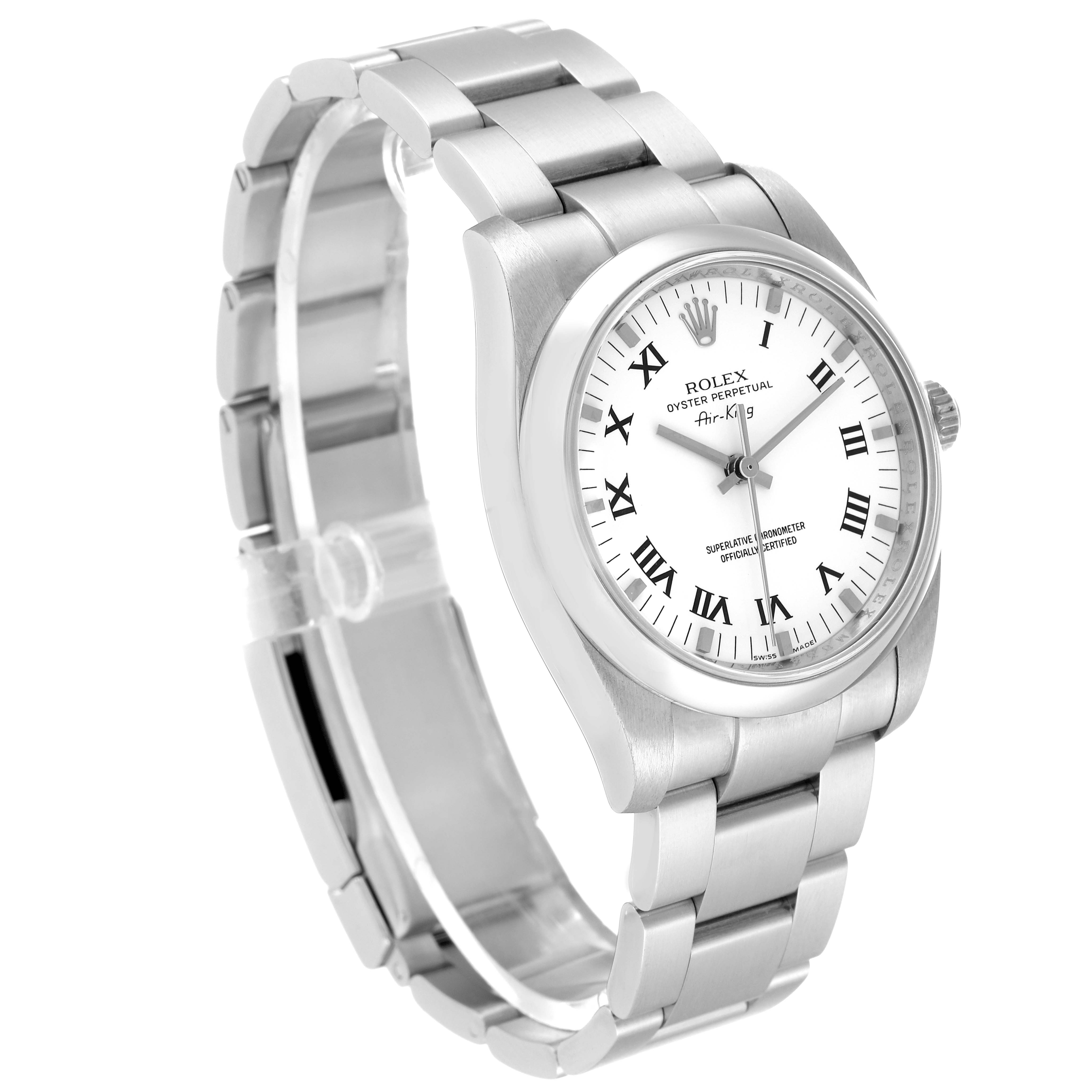 The image shows a Rolex Air-King 114200 Men's Stainless Steel White Dial 114200 Men's Stainless Steel White Dial watch at an angled side view, highlighting the face, bezel, and metal bracelet.
