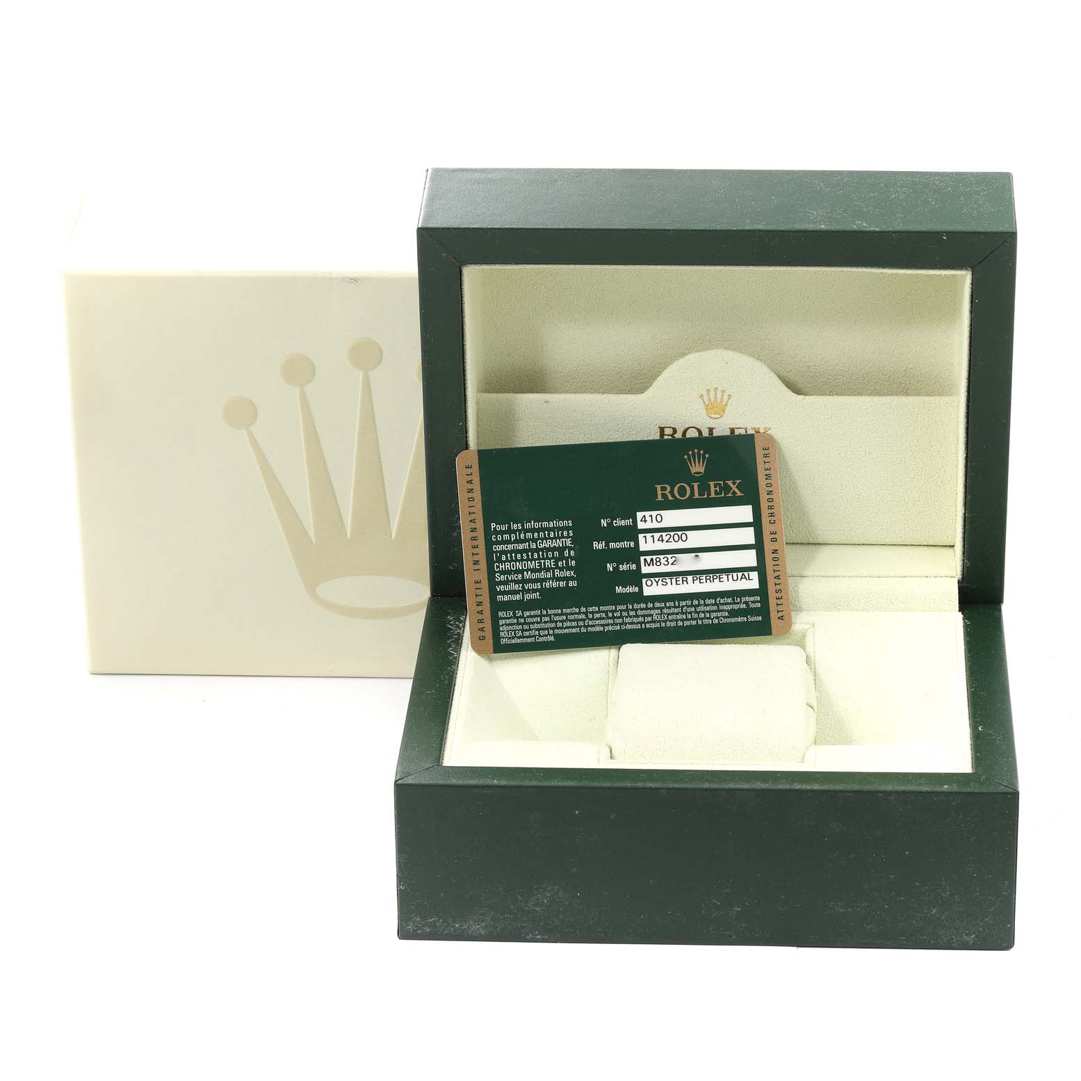 The image shows a Rolex Air-King 114200 Men's Stainless Steel White Dial 114200 Men's Stainless Steel White Dial watch box and certification card from a frontal angle.
