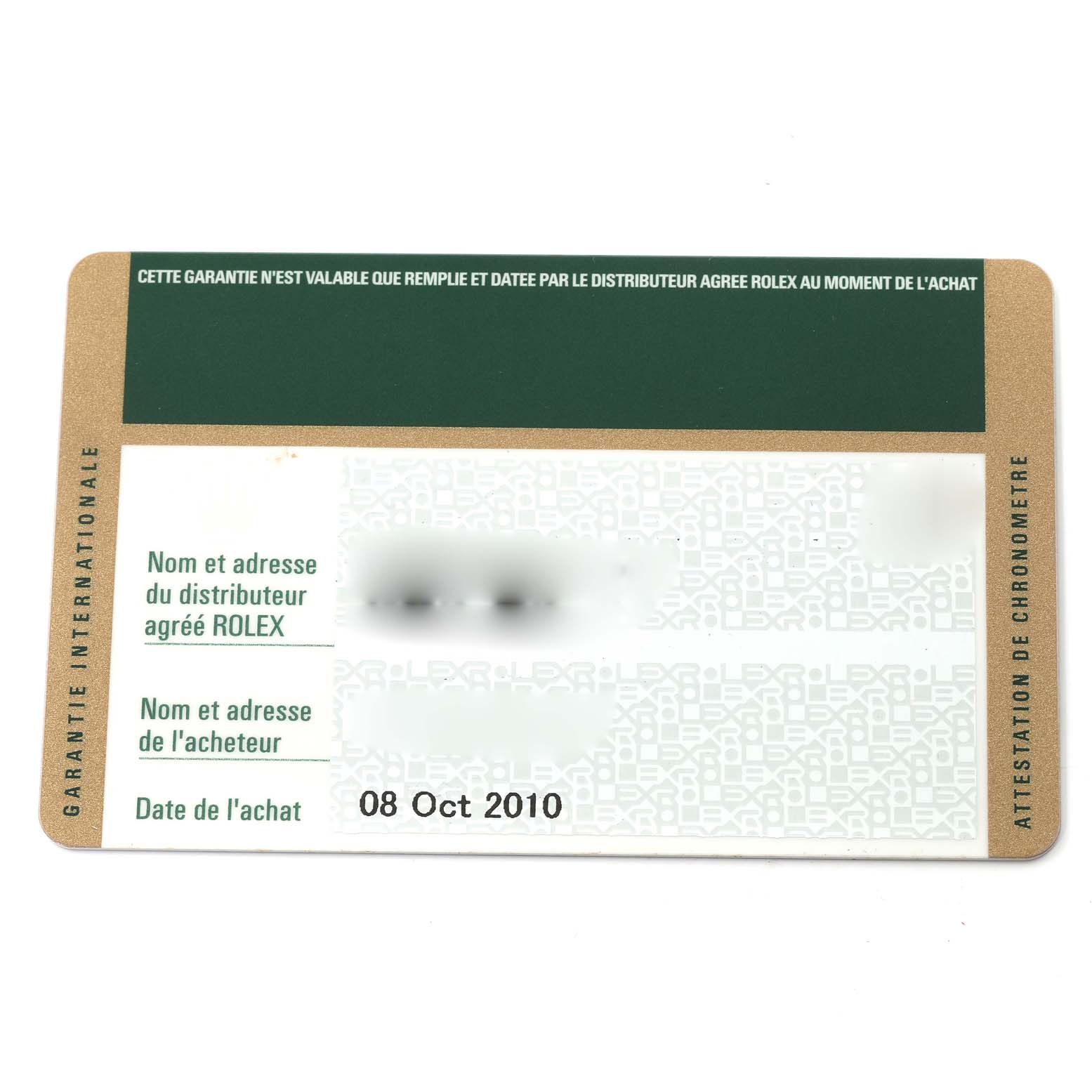The image shows an international warranty card for a Rolex Air-King 114200 Men's Stainless Steel White Dial 114200 Men's Stainless Steel White Dial watch, dated October 8, 2010.