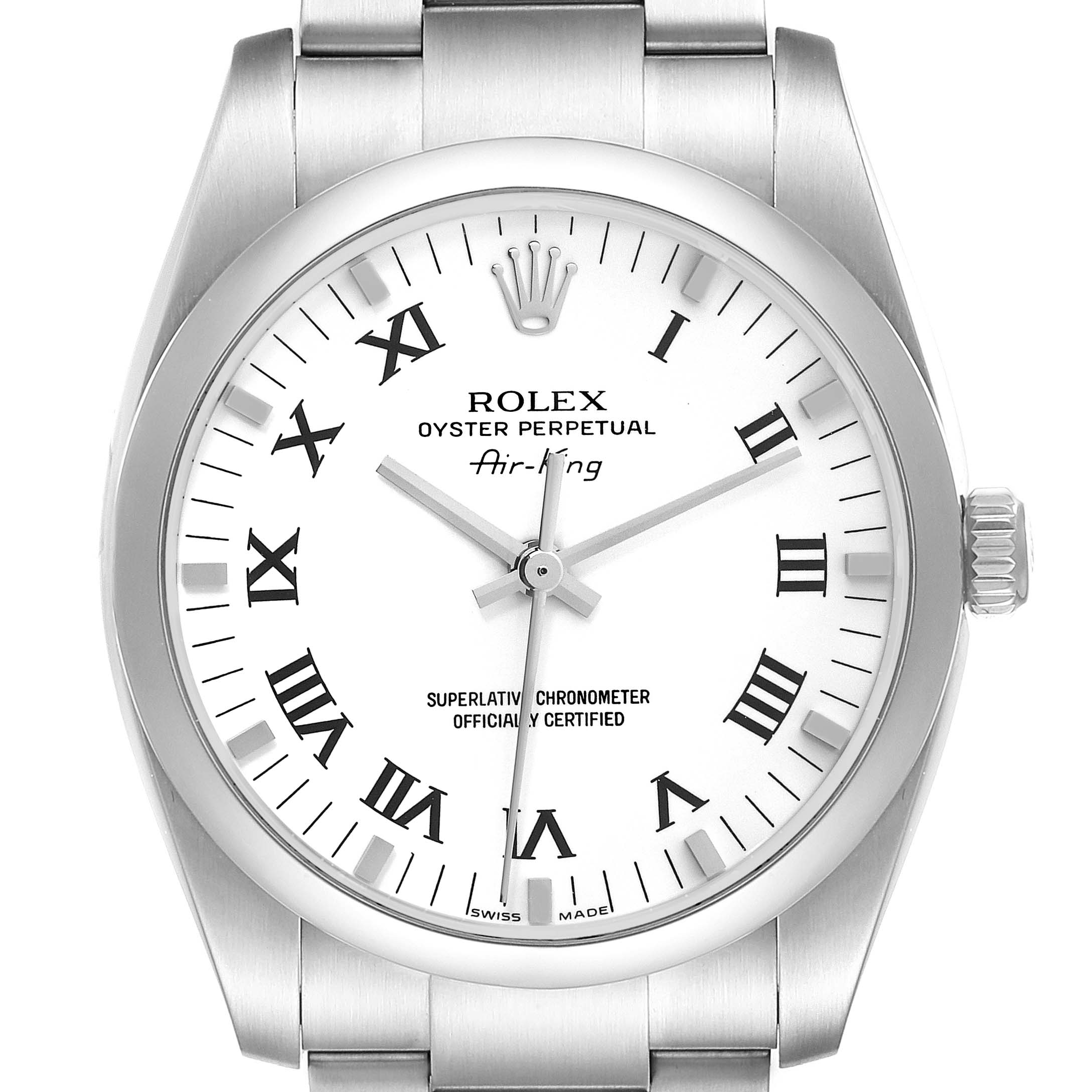 The image shows a front view of the Rolex Air-King 114200 Men's Stainless Steel White Dial 114200 Men's Stainless Steel White Dial watch, displaying its silver case, white dial, and black Roman numerals.