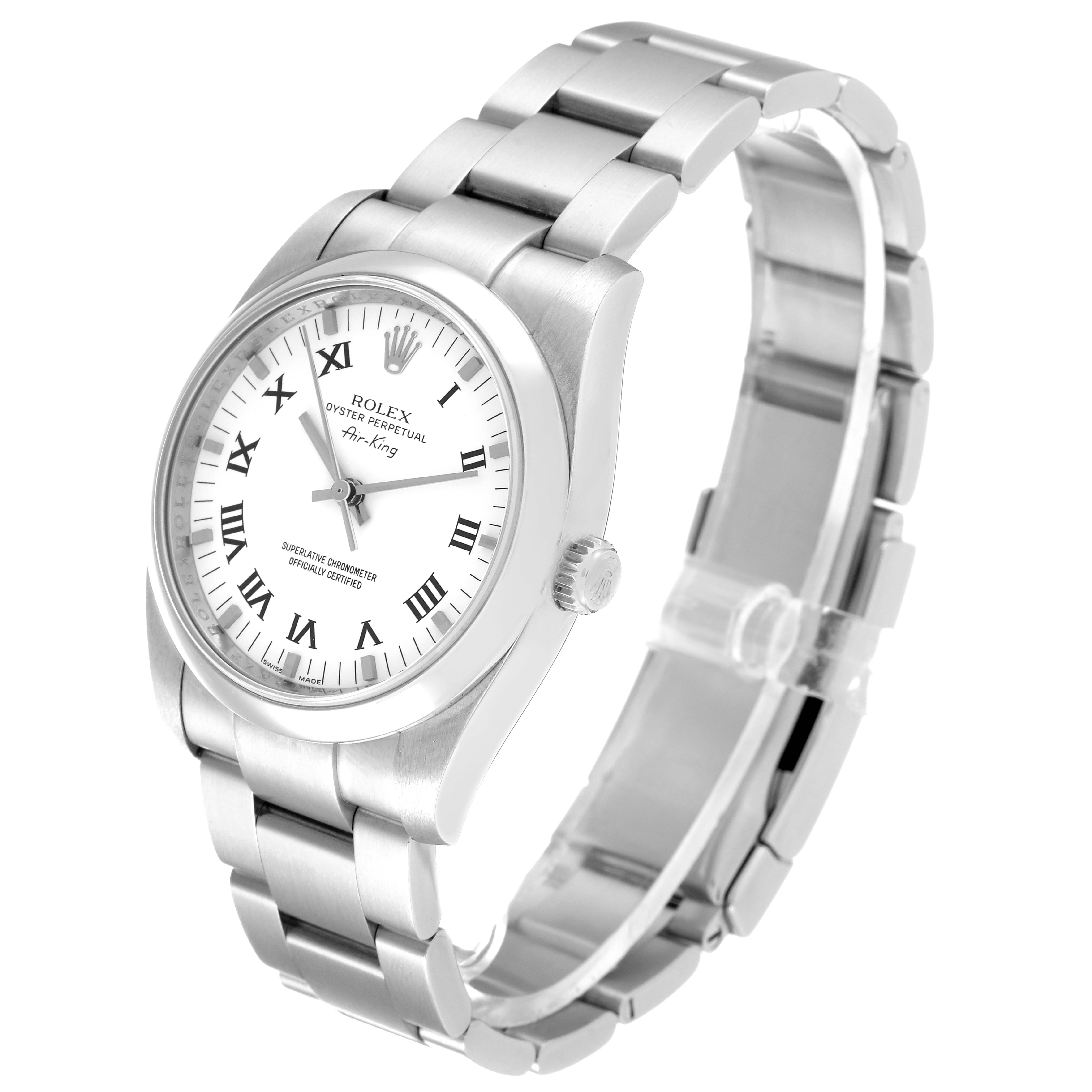 The image shows a Rolex Air-King 114200 Men's Stainless Steel White Dial 114200 Men's Stainless Steel White Dial watch from a side angle, highlighting its stainless steel band and white dial with Roman numerals.