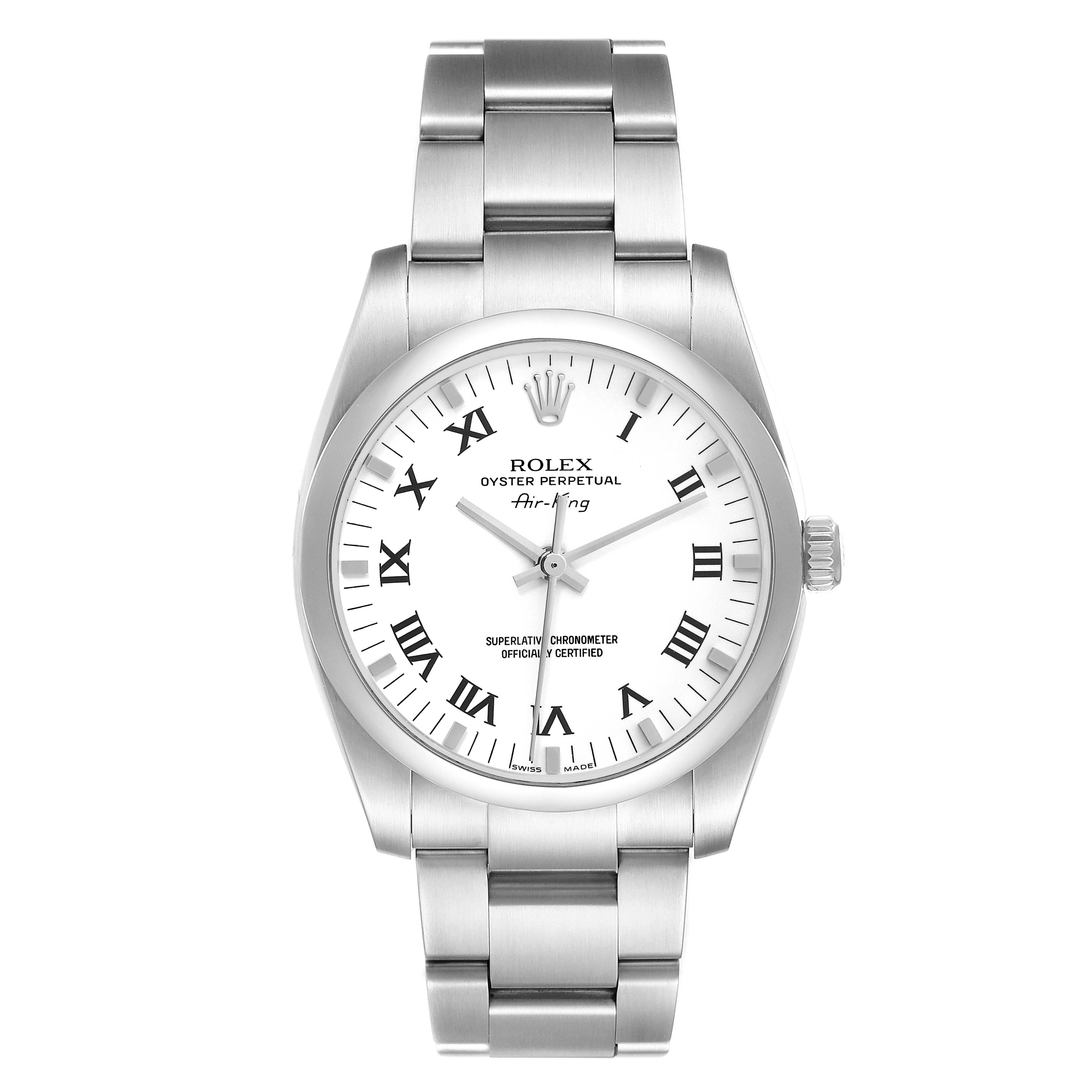 This image shows a front view of the Rolex Air-King 114200 Men's Stainless Steel White Dial 114200 Men's Stainless Steel White Dial watch, displaying its face, case, and bracelet.