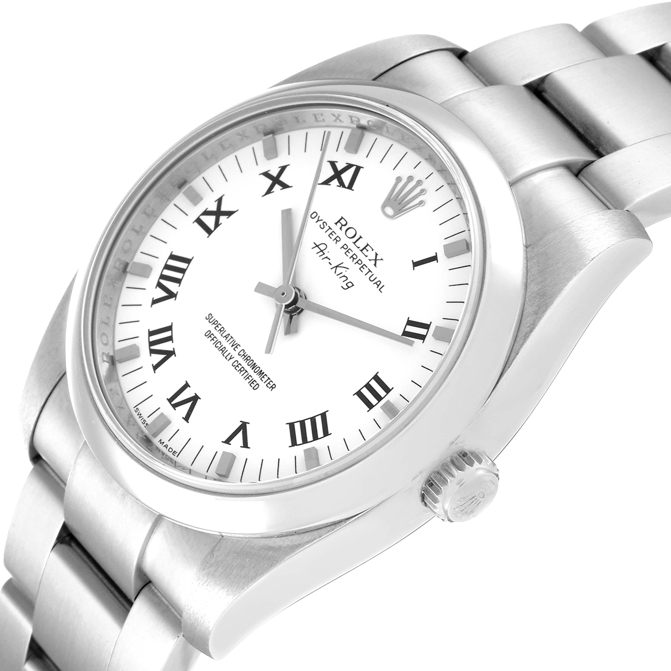 The image shows a Rolex Air-King 114200 Men's Stainless Steel White Dial 114200 Men's Stainless Steel White Dial watch at an oblique angle, displaying the face, bezel, crown, and part of the bracelet.