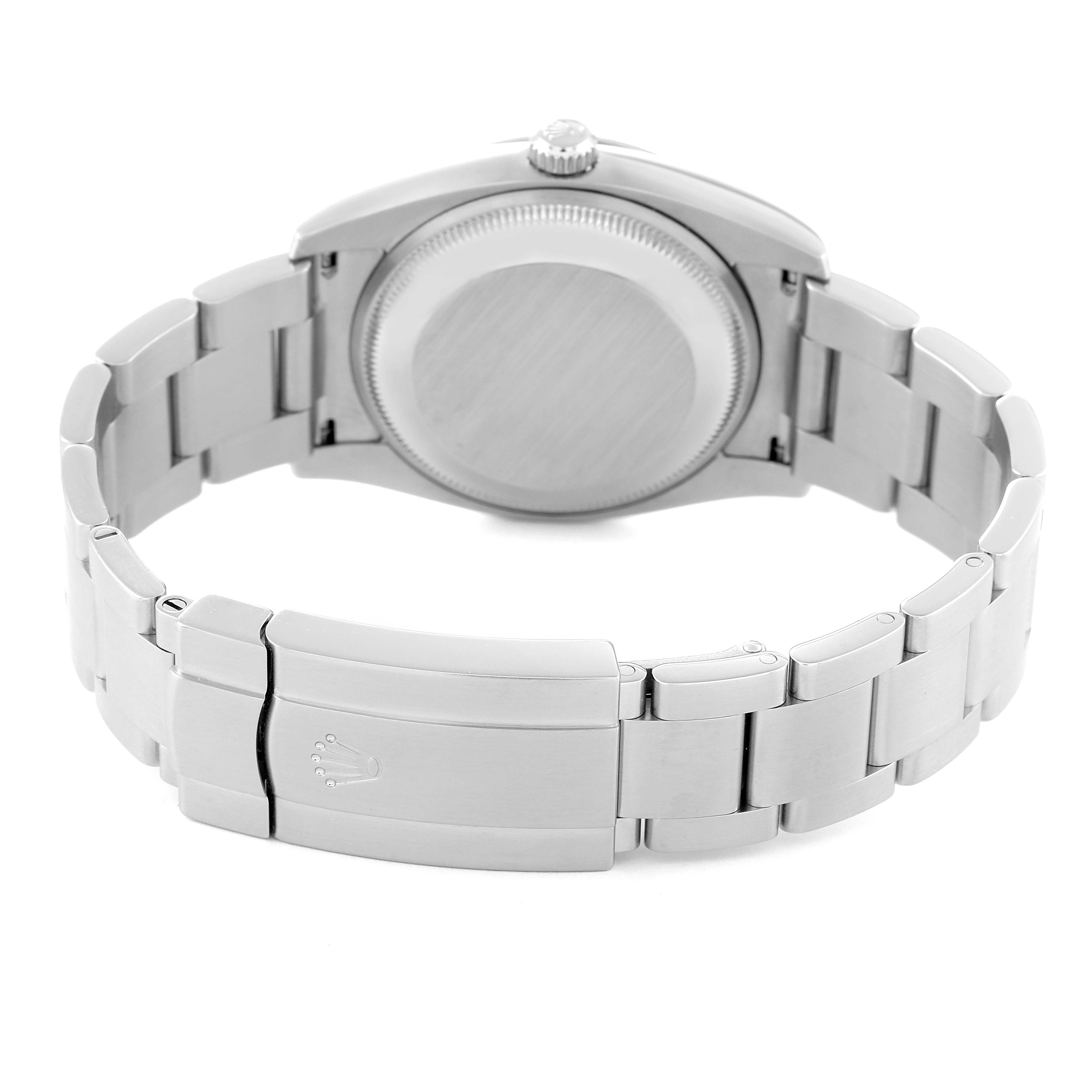 This image shows the back case and bracelet clasp of the Rolex Air-King 114200 Men's Stainless Steel White Dial 114200 Men's Stainless Steel White Dial watch from a rear angle.