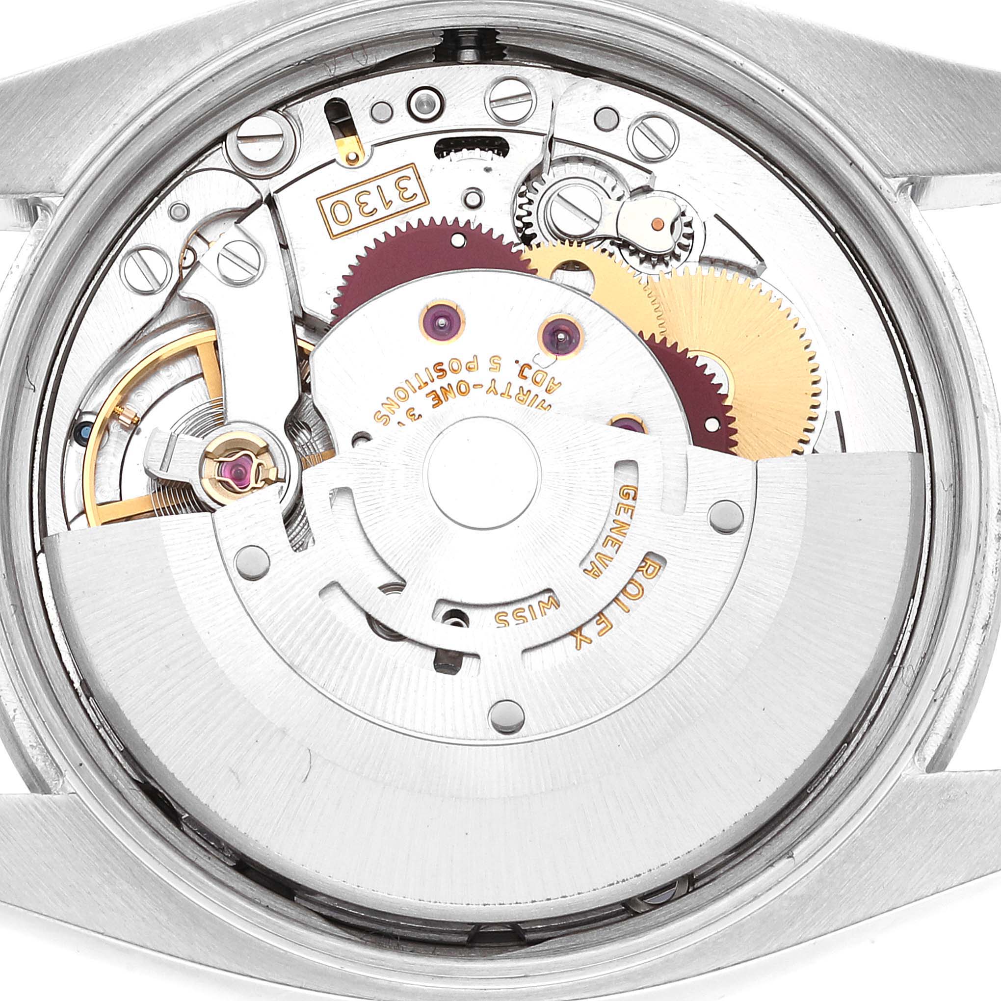 The image shows the internal mechanism of an Air-King model by Rolex, viewed from the back.