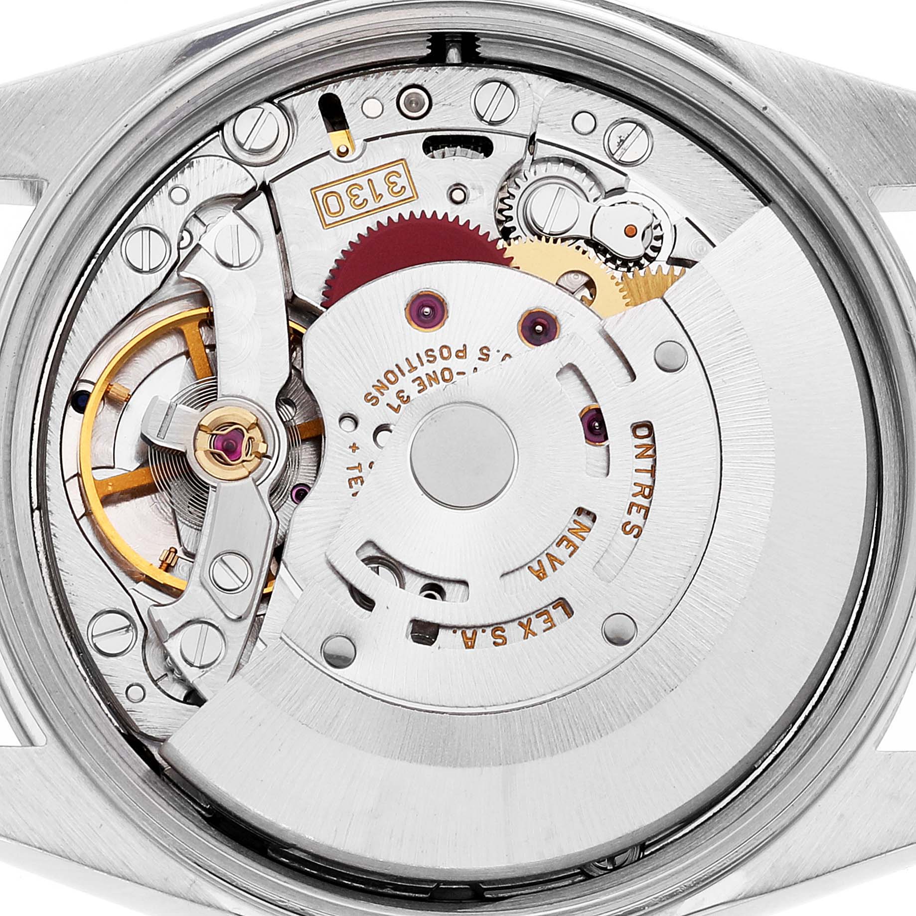 The image shows the internal mechanical movement of a Rolex Air-King 14000 Men's Stainless Steel Silver Dial 14000 Men's Stainless Steel Silver Dial watch from a top-down angle.