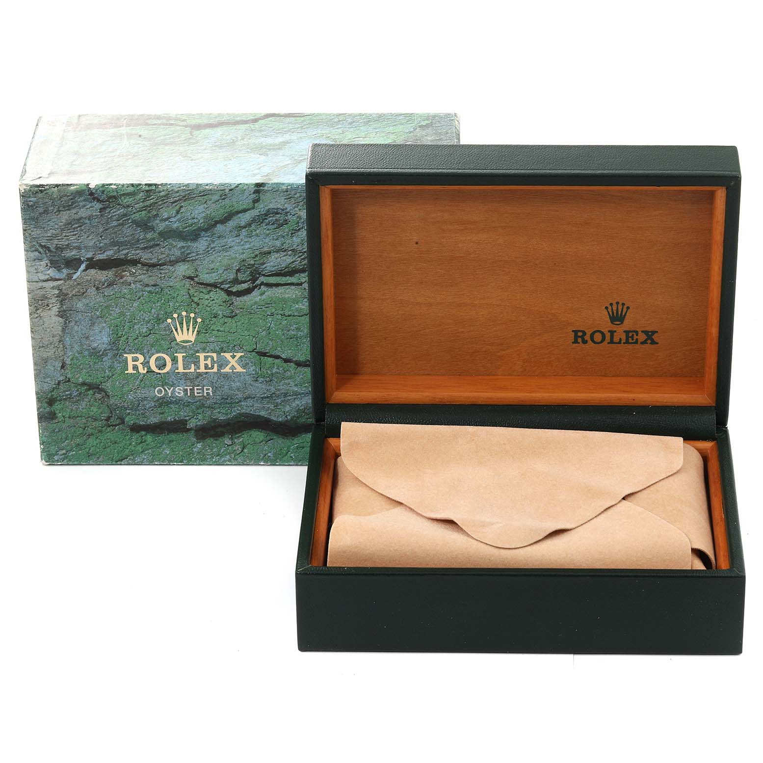 The image shows an opened Rolex Air-King 14000 Men's Stainless Steel Silver Dial 14000 Men's Stainless Steel Silver Dial watch box and its green outer packaging from a front angle.