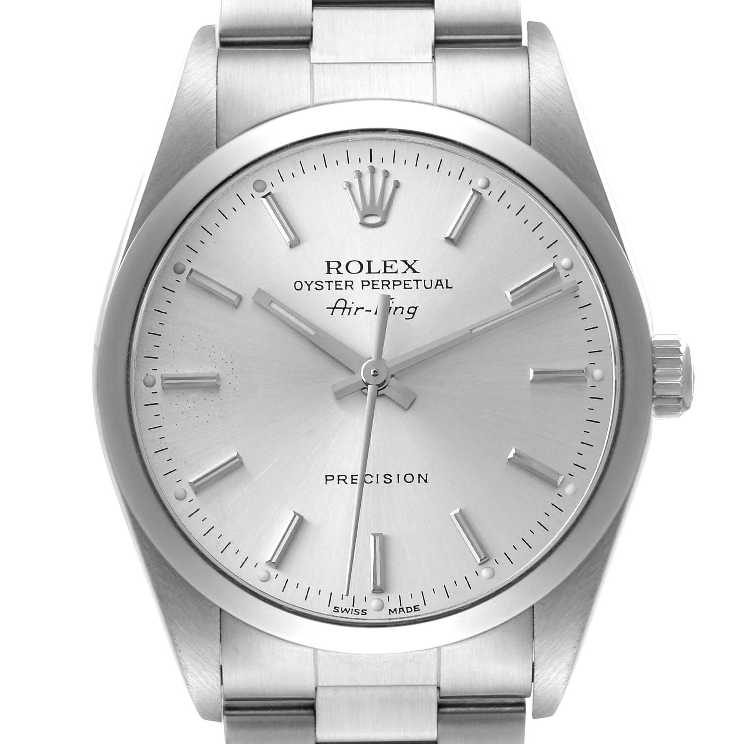 The image shows a frontal view of a Rolex Air-King 14000 Men's Stainless Steel Silver Dial 14000 Men's Stainless Steel Silver Dial watch, highlighting the dial, hands, crown, and part of the strap.
