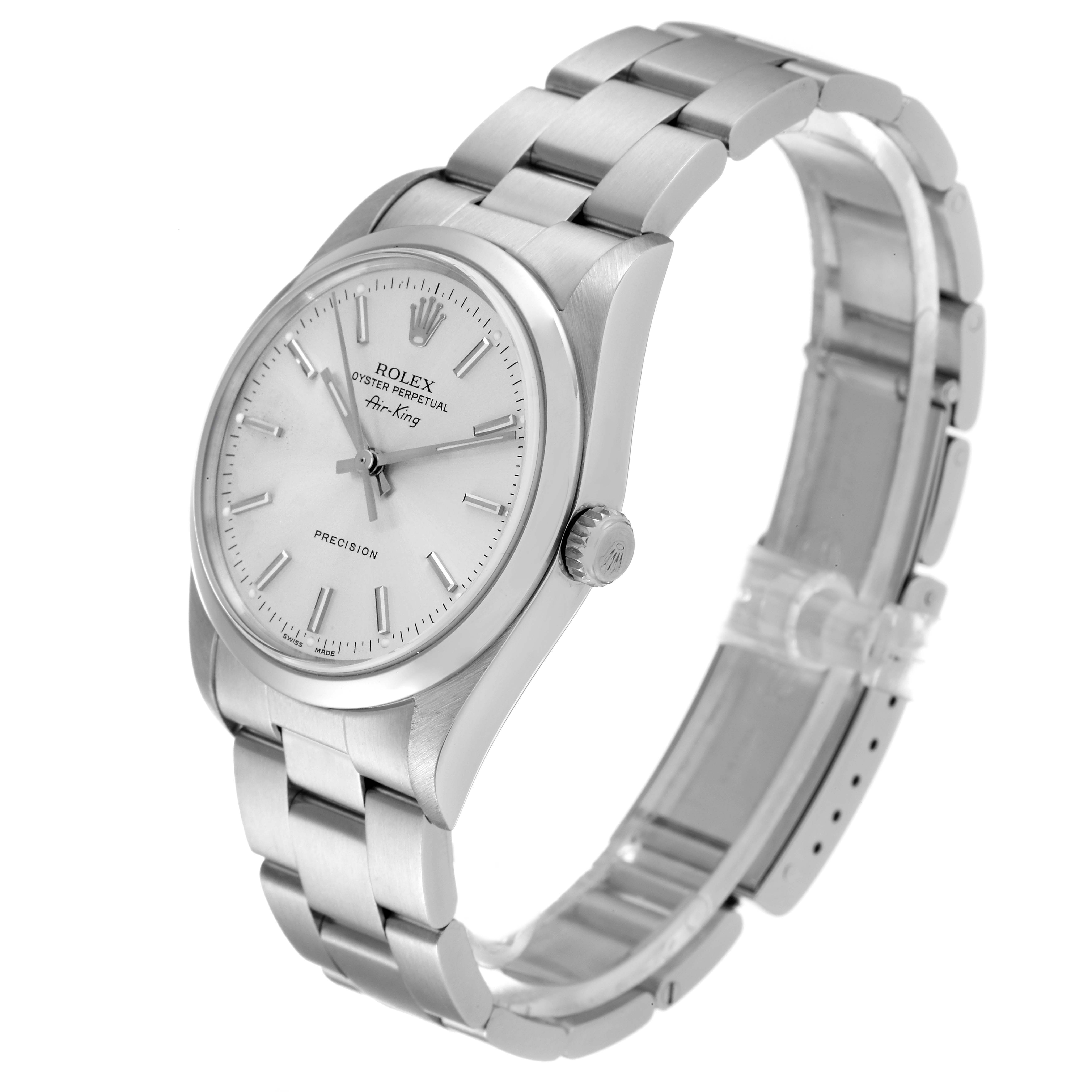The Rolex Air-King 14000 Men's Stainless Steel Silver Dial 14000 Men's Stainless Steel Silver Dial watch is shown at a slight angle, displaying the face, crown, and metal bracelet.