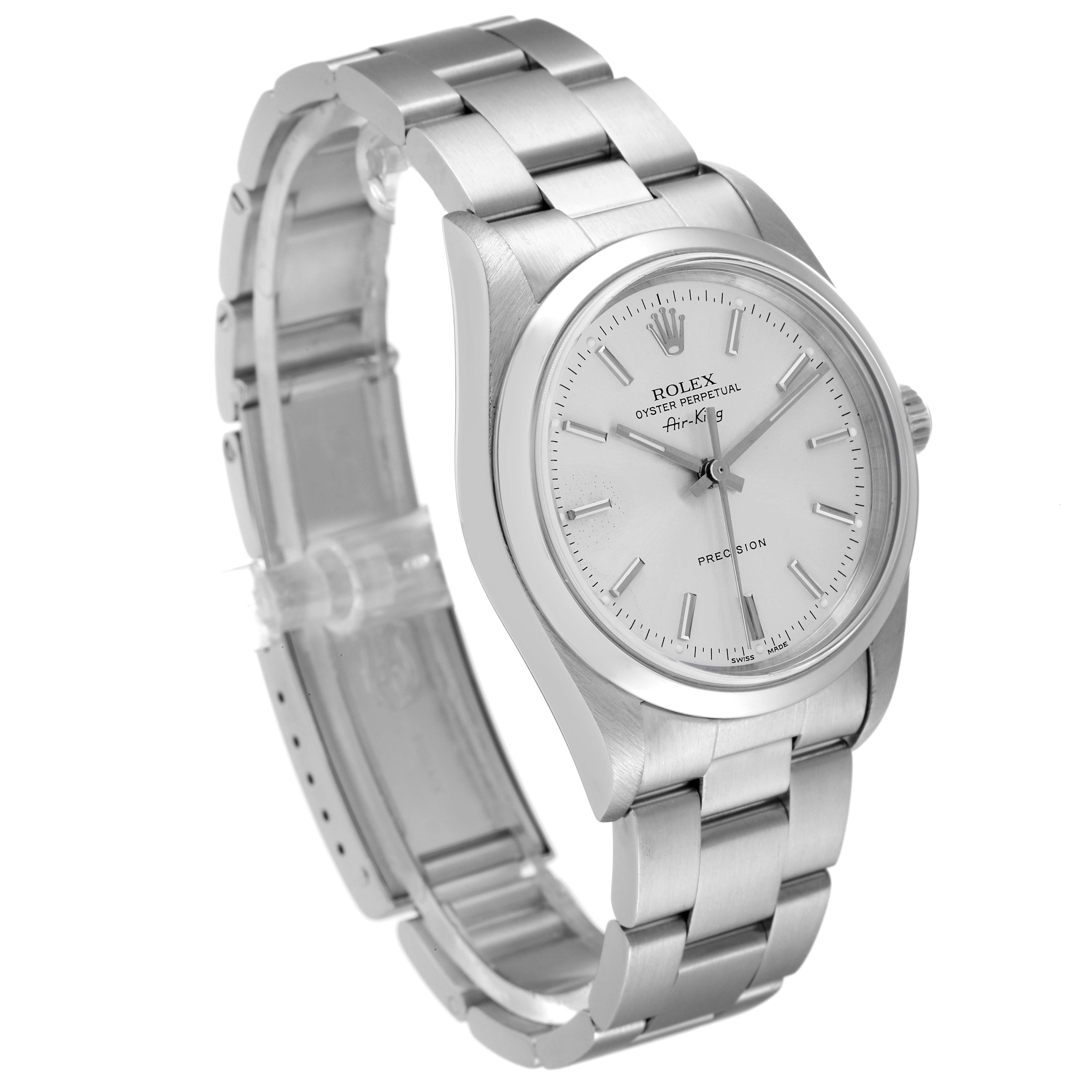 The image shows a Rolex Air-King 14000 Men's Stainless Steel Silver Dial 14000 Men's Stainless Steel Silver Dial watch at a three-quarter angle, highlighting the face, bezel, and bracelet.