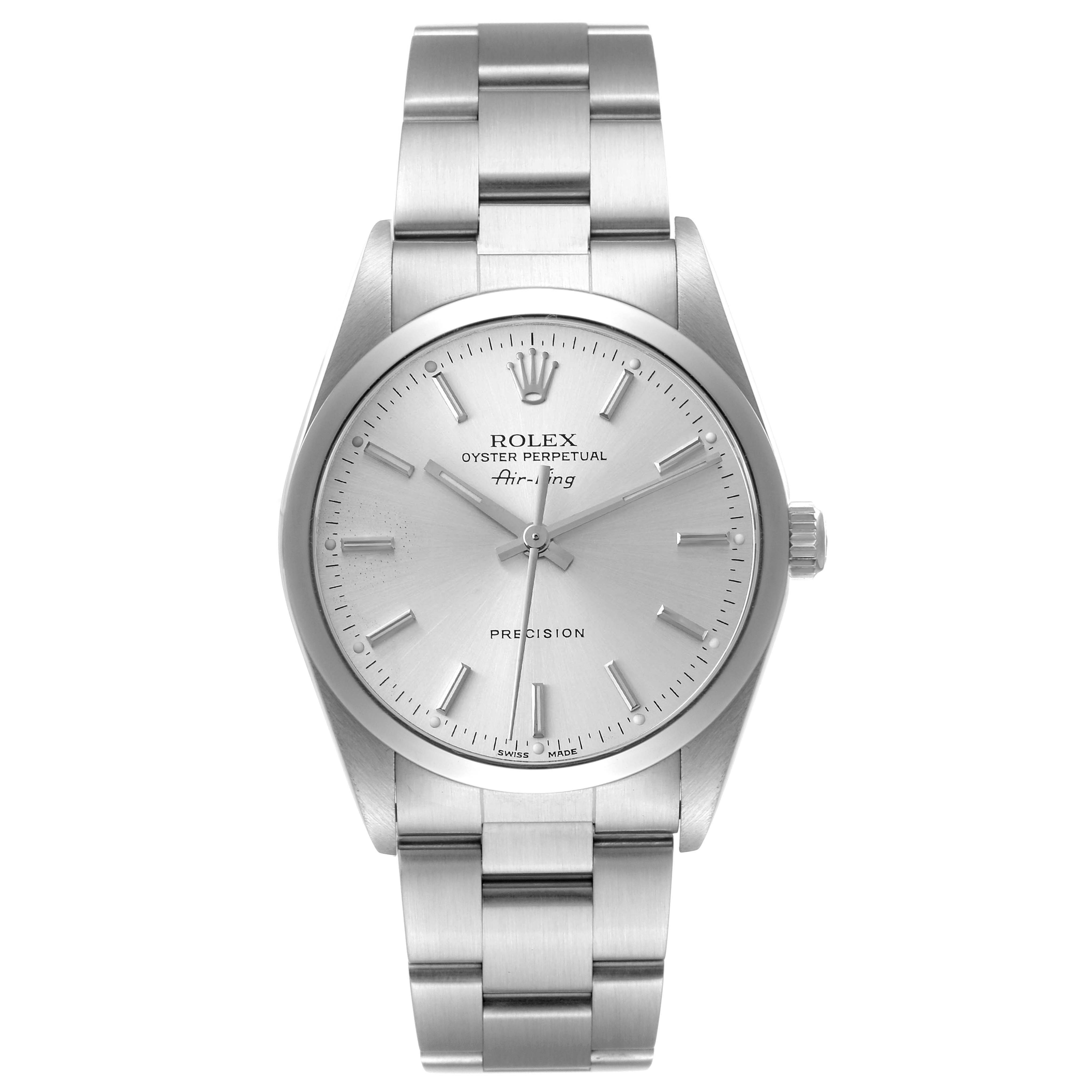 The image shows a front view of the Rolex Air-King 14000 Men's Stainless Steel Silver Dial 14000 Men's Stainless Steel Silver Dial watch, displaying the dial, bezel, and bracelet.