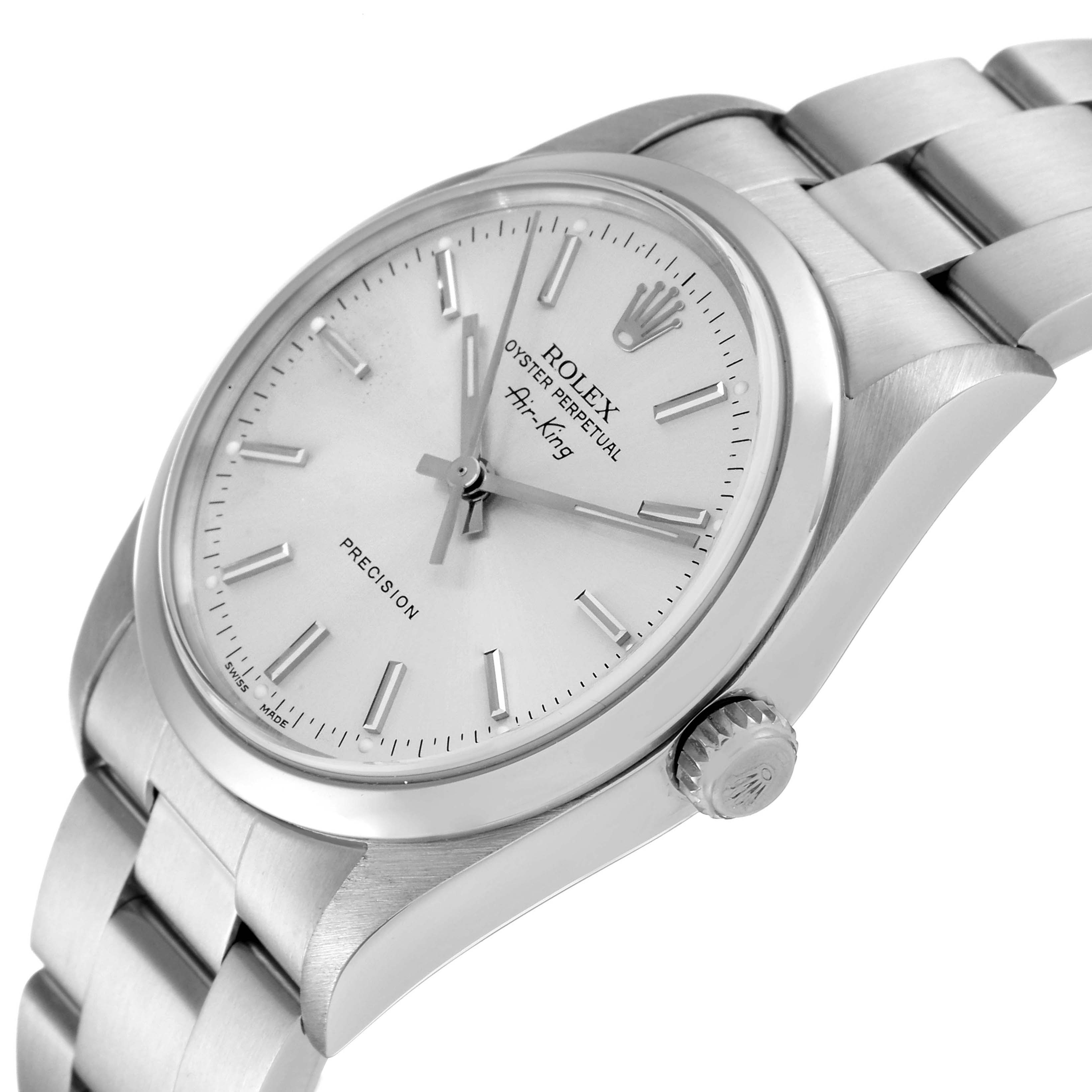 The Rolex Air-King 14000 Men's Stainless Steel Silver Dial 14000 Men's Stainless Steel Silver Dial watch is shown at a slight angle, displaying the dial, case, crown, and part of the bracelet.