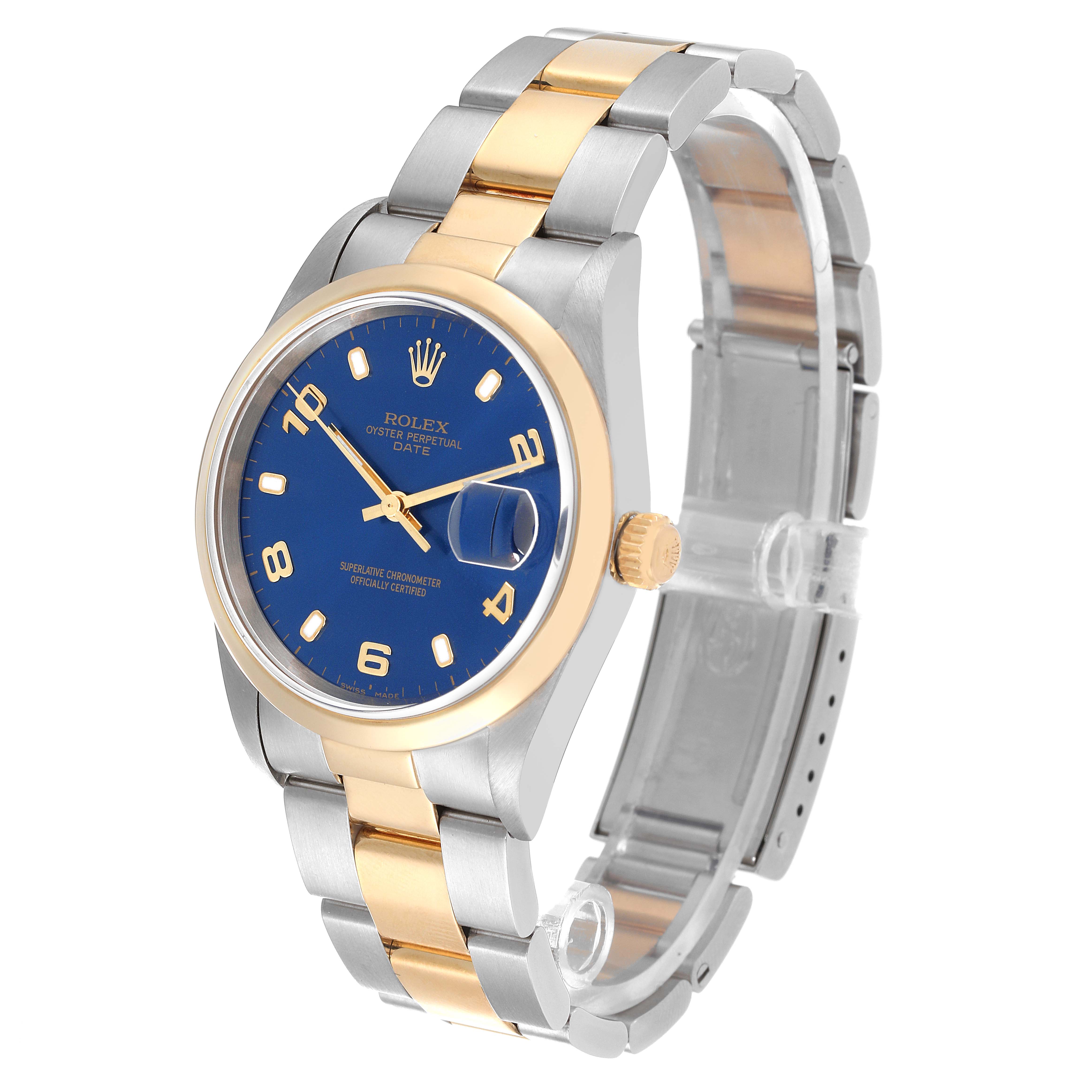 The Rolex Date 15203 Men's Steel and Gold (two tone) Blue Dial 15203 Men's Steel and Gold (two tone) Blue Dial watch is shown at a three-quarter angle, highlighting its blue dial, gold crown, and two-tone bracelet.