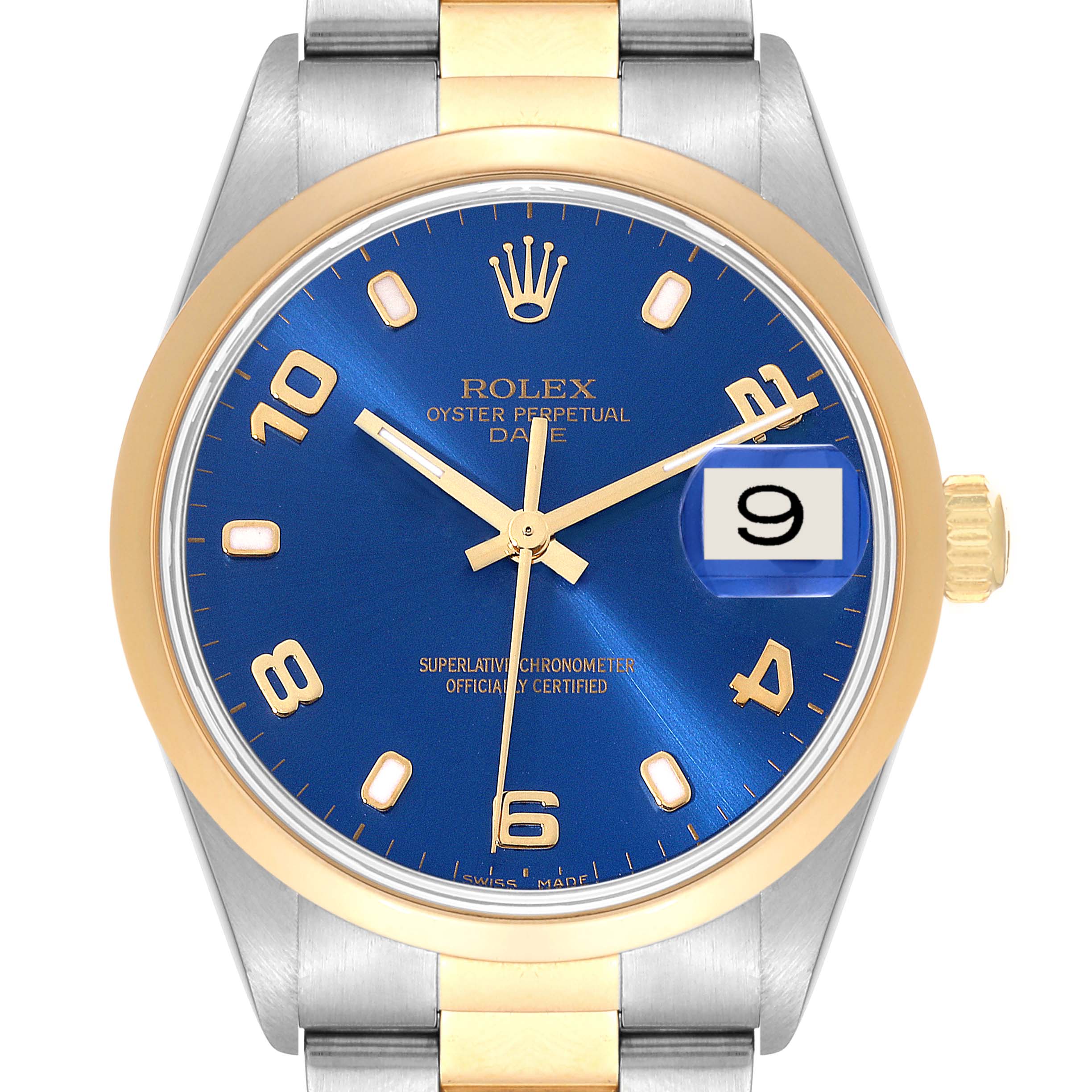 The image shows a front view of the Rolex Oyster Perpetual Date model, featuring the dial, bezel, and part of the bracelet.