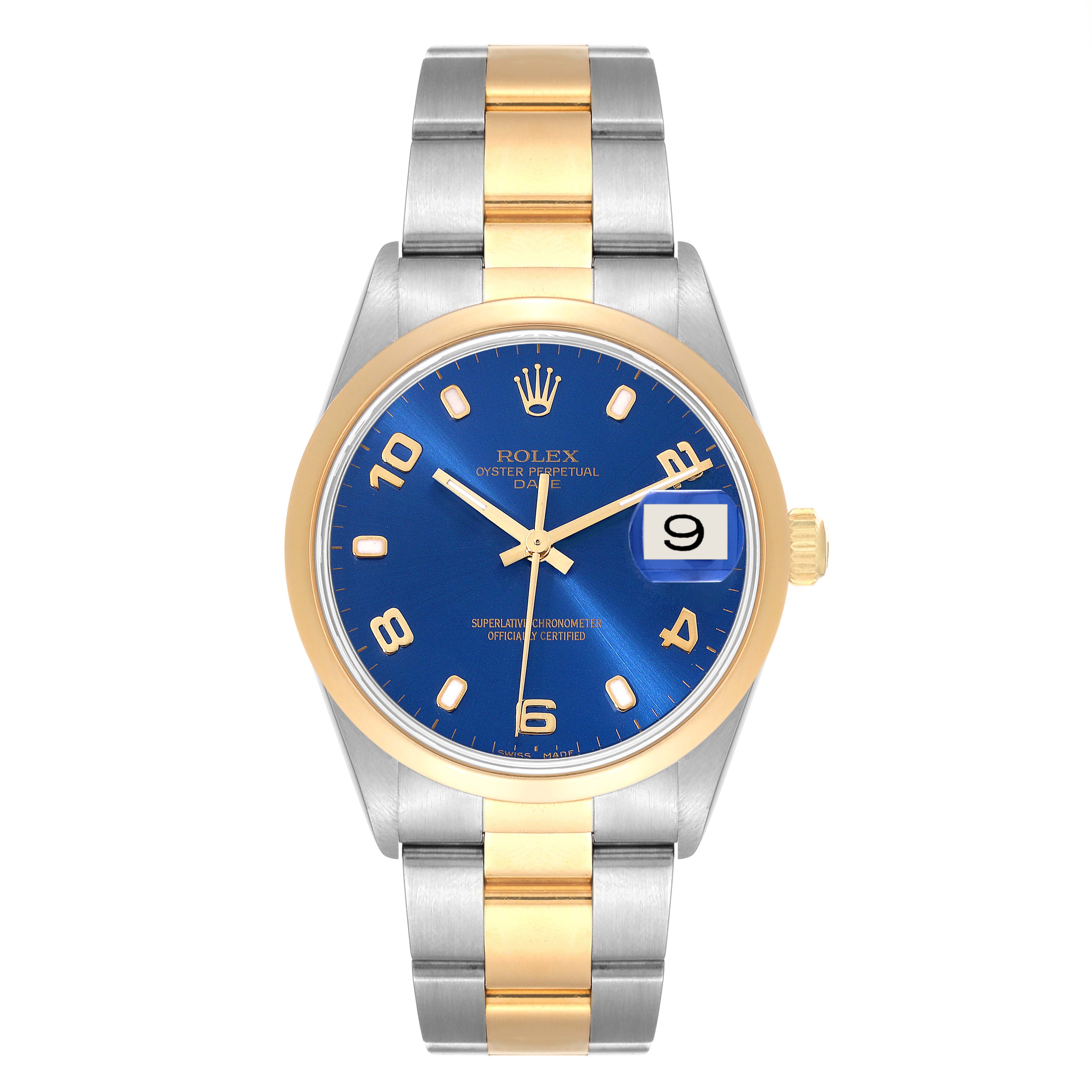 This is a front view of a Rolex Date 15203 Men's Steel and Gold (two tone) Blue Dial 15203 Men's Steel and Gold (two tone) Blue Dial model watch, showing the dial, bezel, hands, and bracelet.