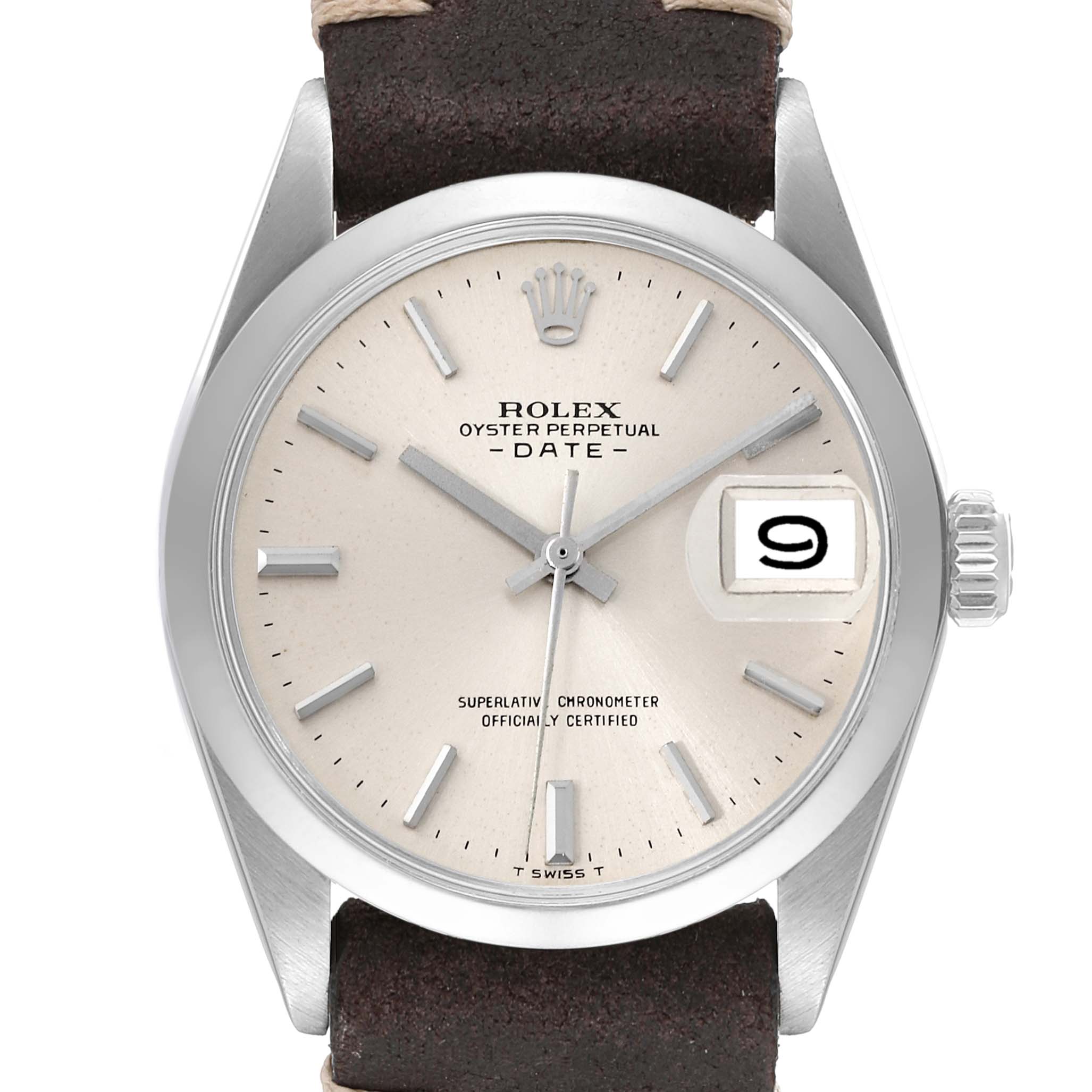 This image shows a front view of a Rolex Date 1500 Men
s Stainless Steel Silver Dial 1500 Men
s Stainless Steel Silver Dial model watch, showcasing the dial and leather strap.
