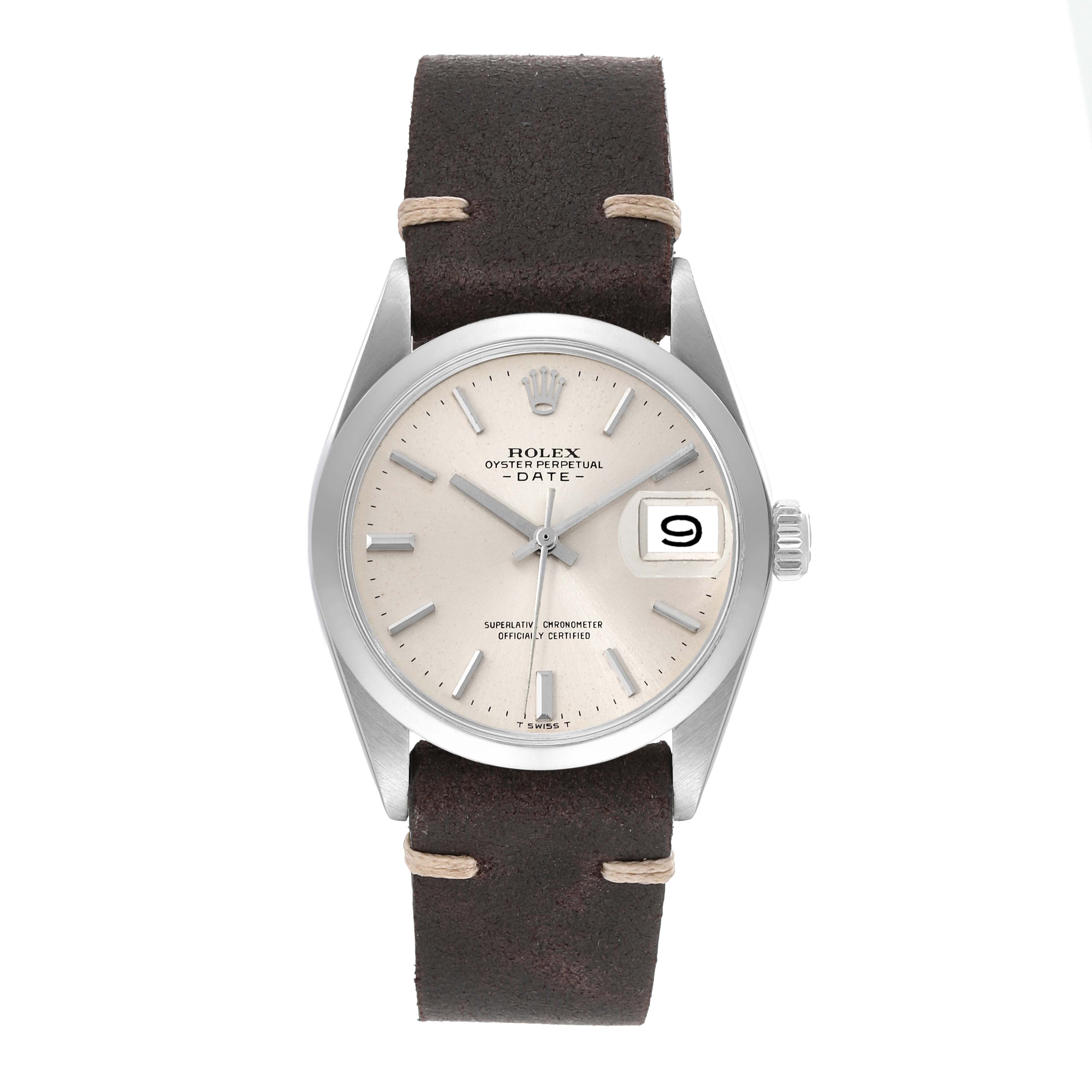 This image shows a front view of the Rolex Oyster Perpetual Date model with a brown leather strap and date display at 3 o
clock.