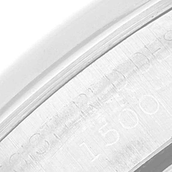 This is a close-up angle of the inner bezel with engravings on a Rolex Date 1500 Men
s Stainless Steel Silver Dial 1500 Men
s Stainless Steel Silver Dial model watch.