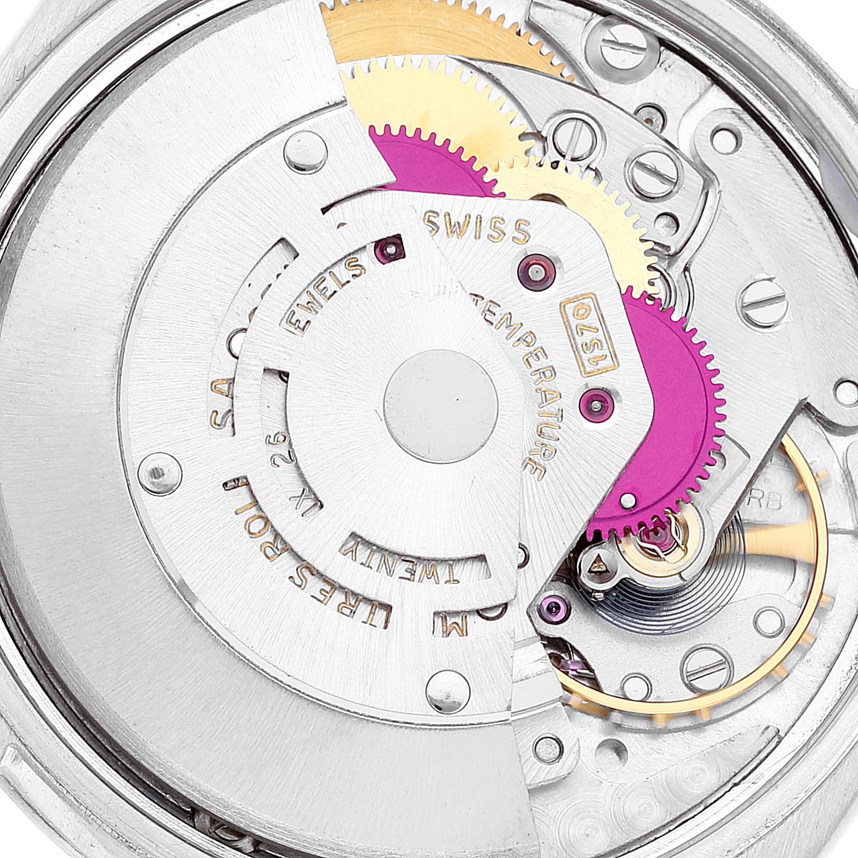 The image shows the inner mechanical movement of a Rolex Date 1500 Men
s Stainless Steel Silver Dial 1500 Men
s Stainless Steel Silver Dial model watch, highlighting various gears and components.
