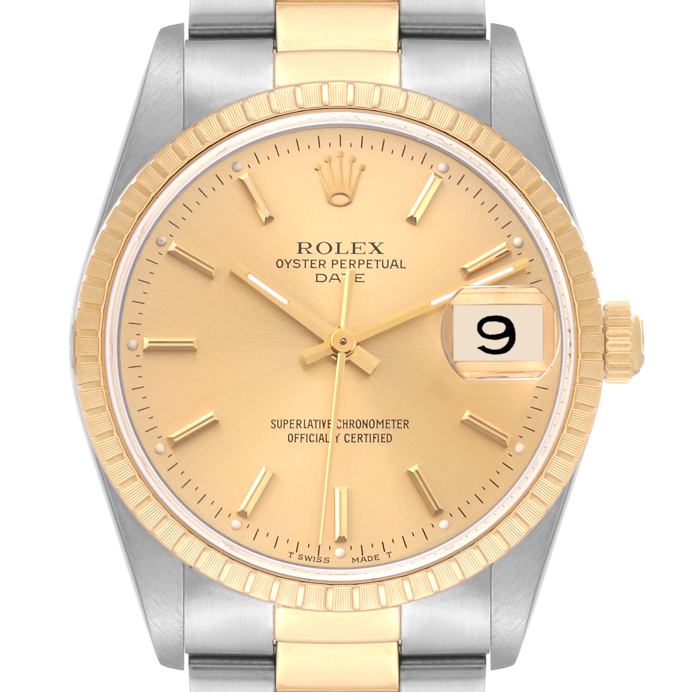 This image shows a front view of a Rolex Date 15223 Men's Steel and Gold (two tone) Champagne Dial 15223 Men's Steel and Gold (two tone) Champagne Dial model, highlighting the dial, bezel, crown, and part of the bracelet.