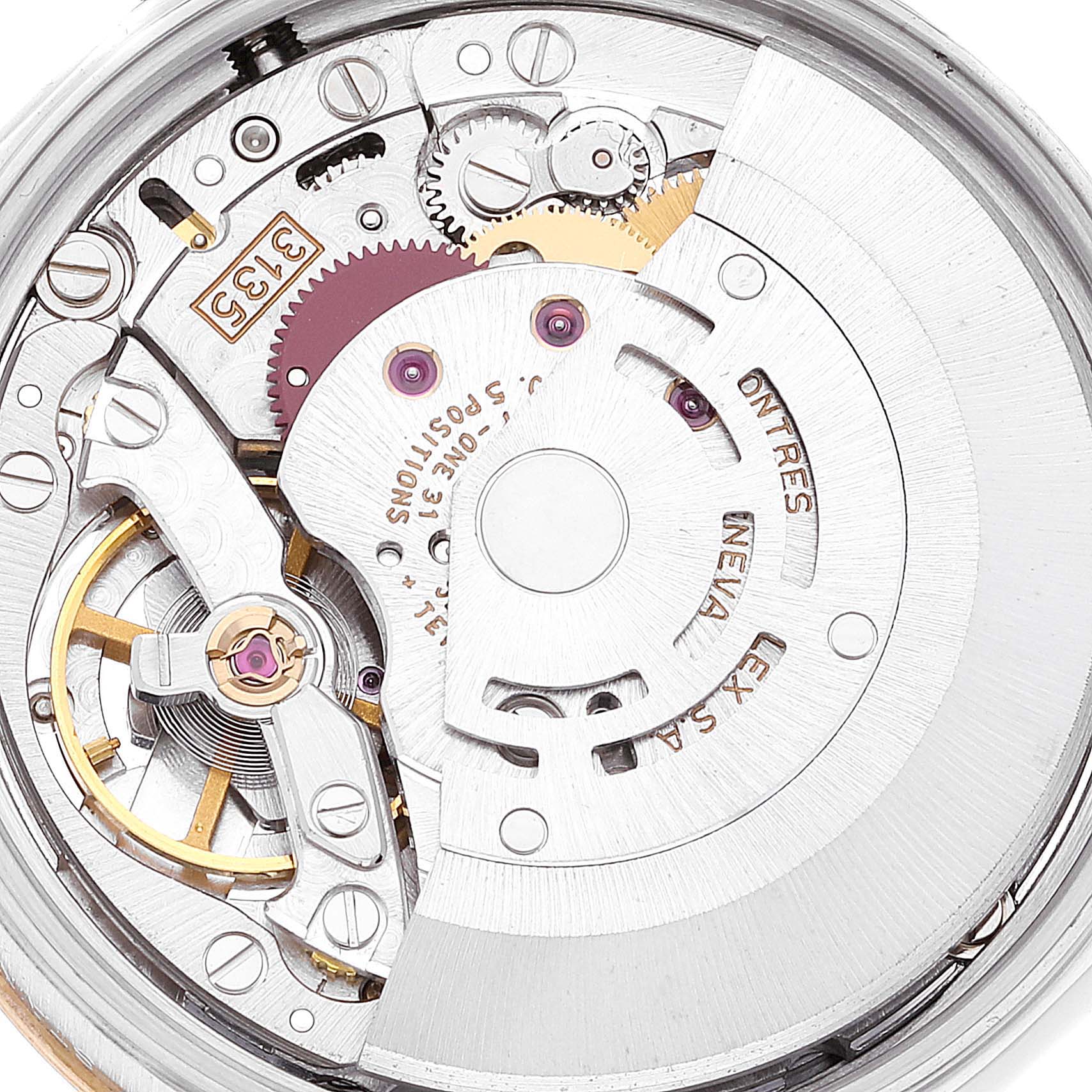This image shows a close-up view of the internal mechanical movement of the Rolex Date 15223 Men's Steel and Gold (two tone) Champagne Dial 15223 Men's Steel and Gold (two tone) Champagne Dial model watch.